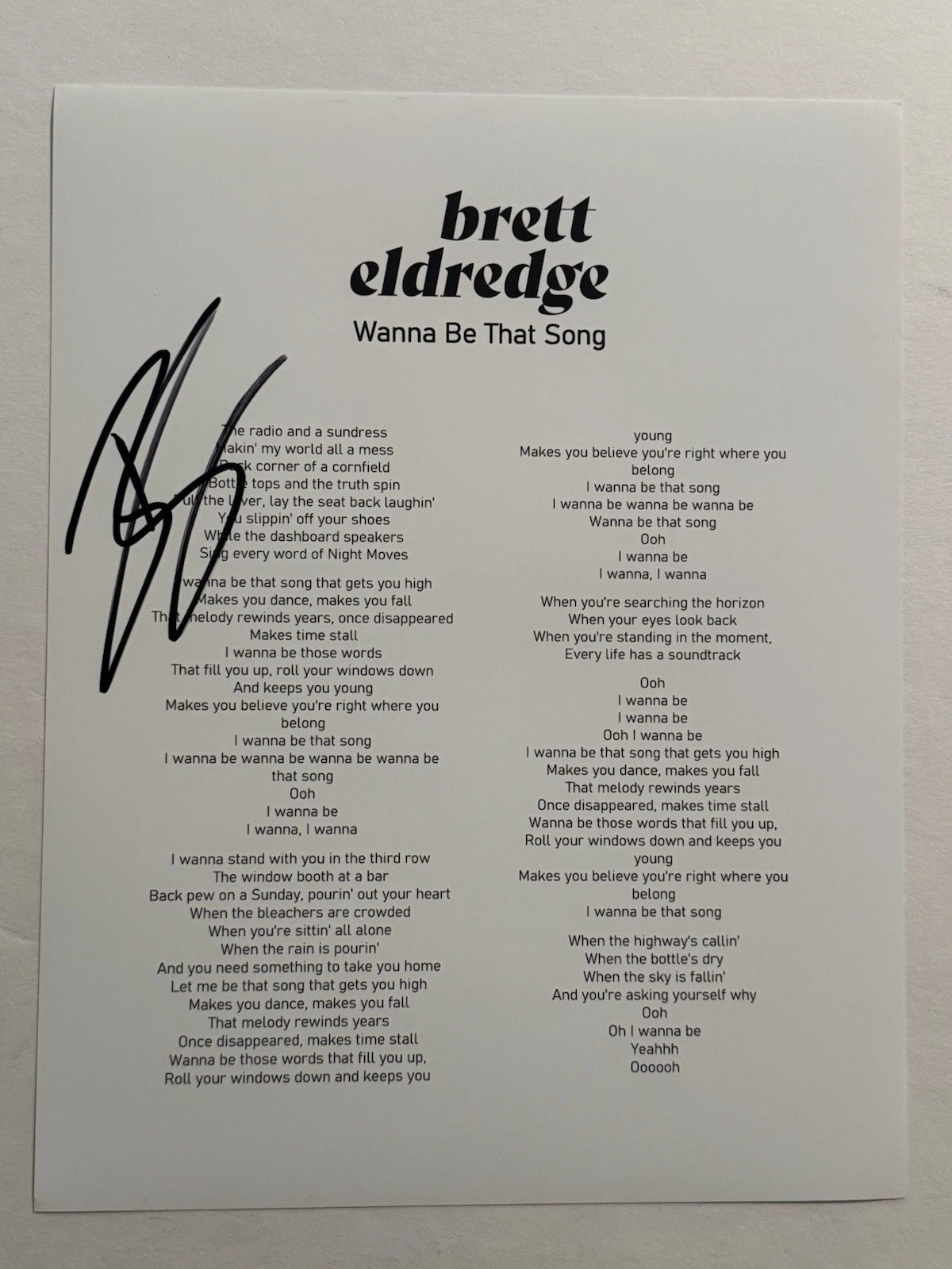 BRETT ELDREDGE SIGNED LYRIC SHEET AUTOGRAPHED WANNA BE THAT SONG SINGER RARE COA