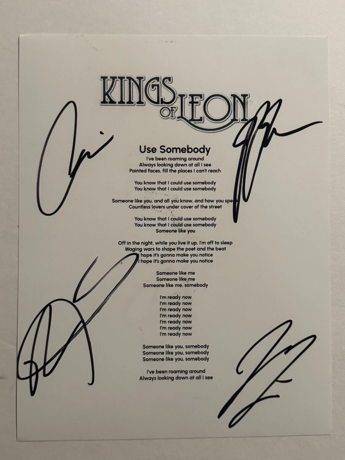 KINGS OF LEON FULL BAND SIGNED USE SOMEBODY LYRIC SHEET AUTOGRAPHED RARE COA