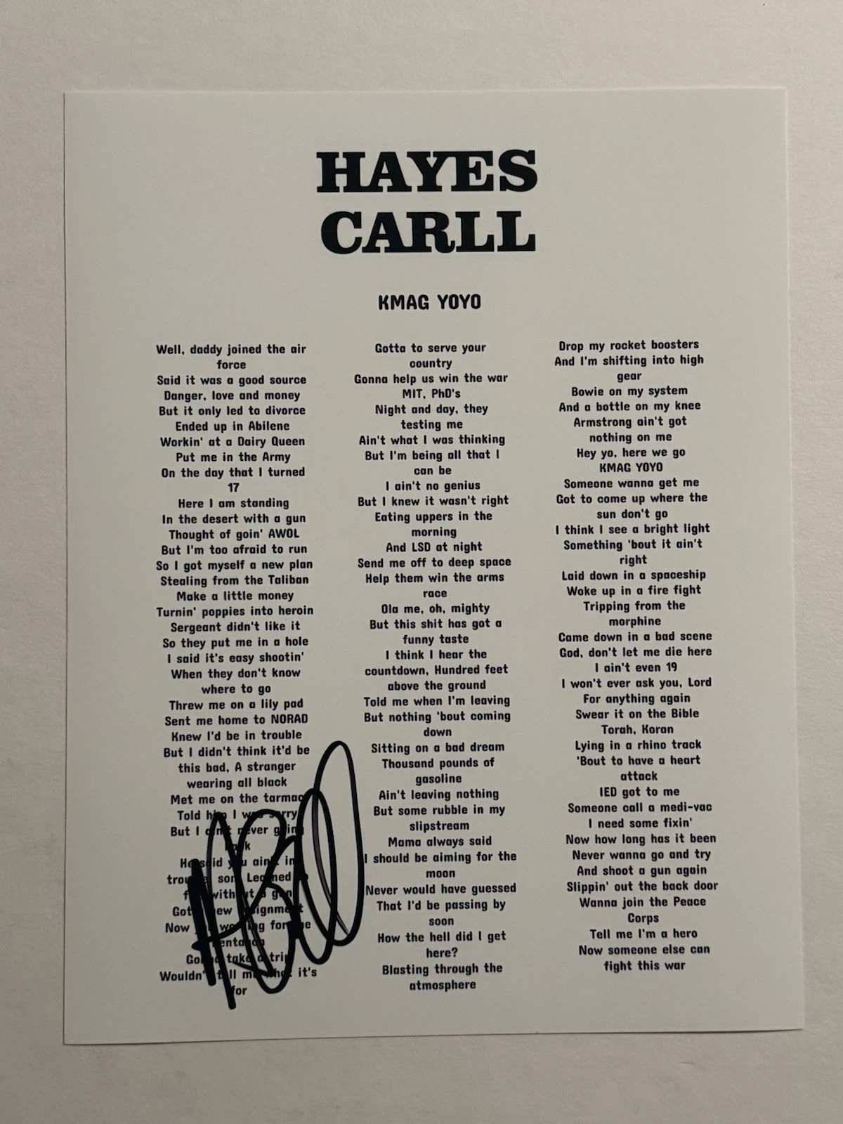 HAYES CARLL SIGNED LYRIC SHEET AUTOGRAPHED COUNTRY SINGER STAR VERY RARE COA