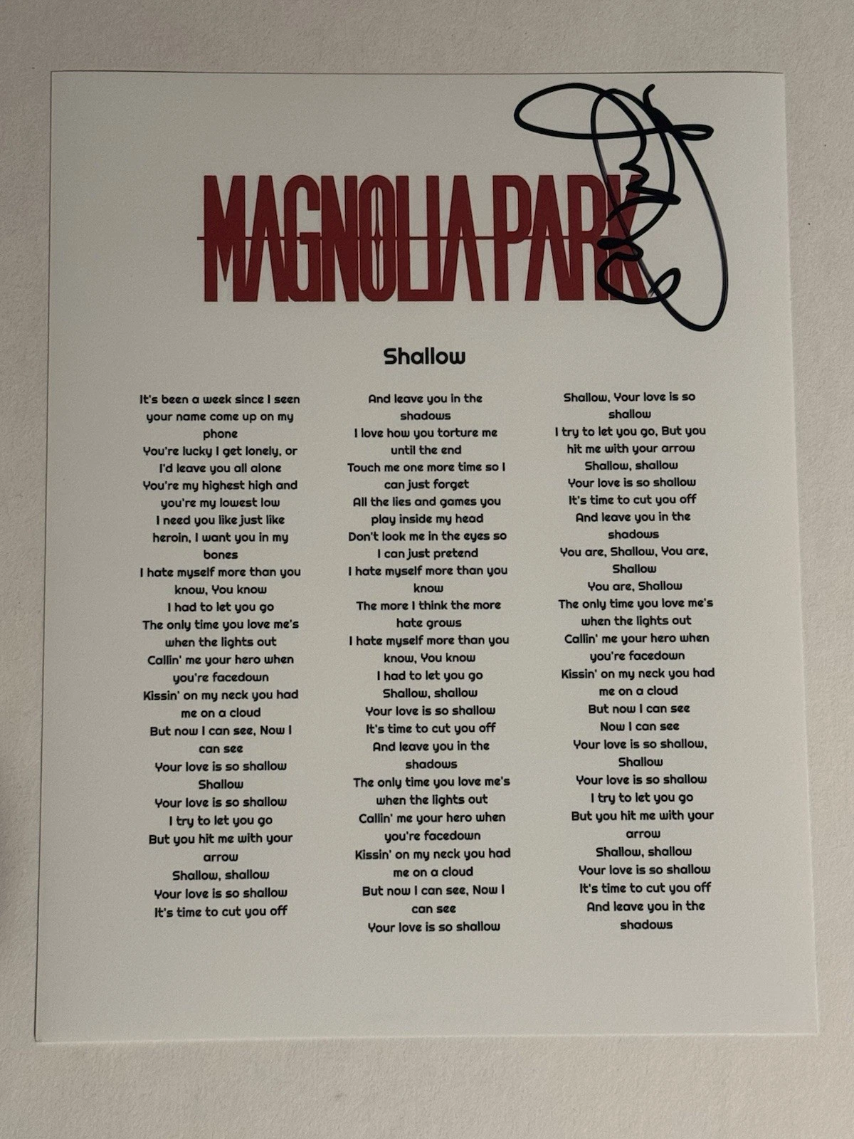 JOSHUA ROBERTS SIGNED LYRIC SHEET AUTOGRAPHED MAGNOLIA PARK BAND SINGER COA