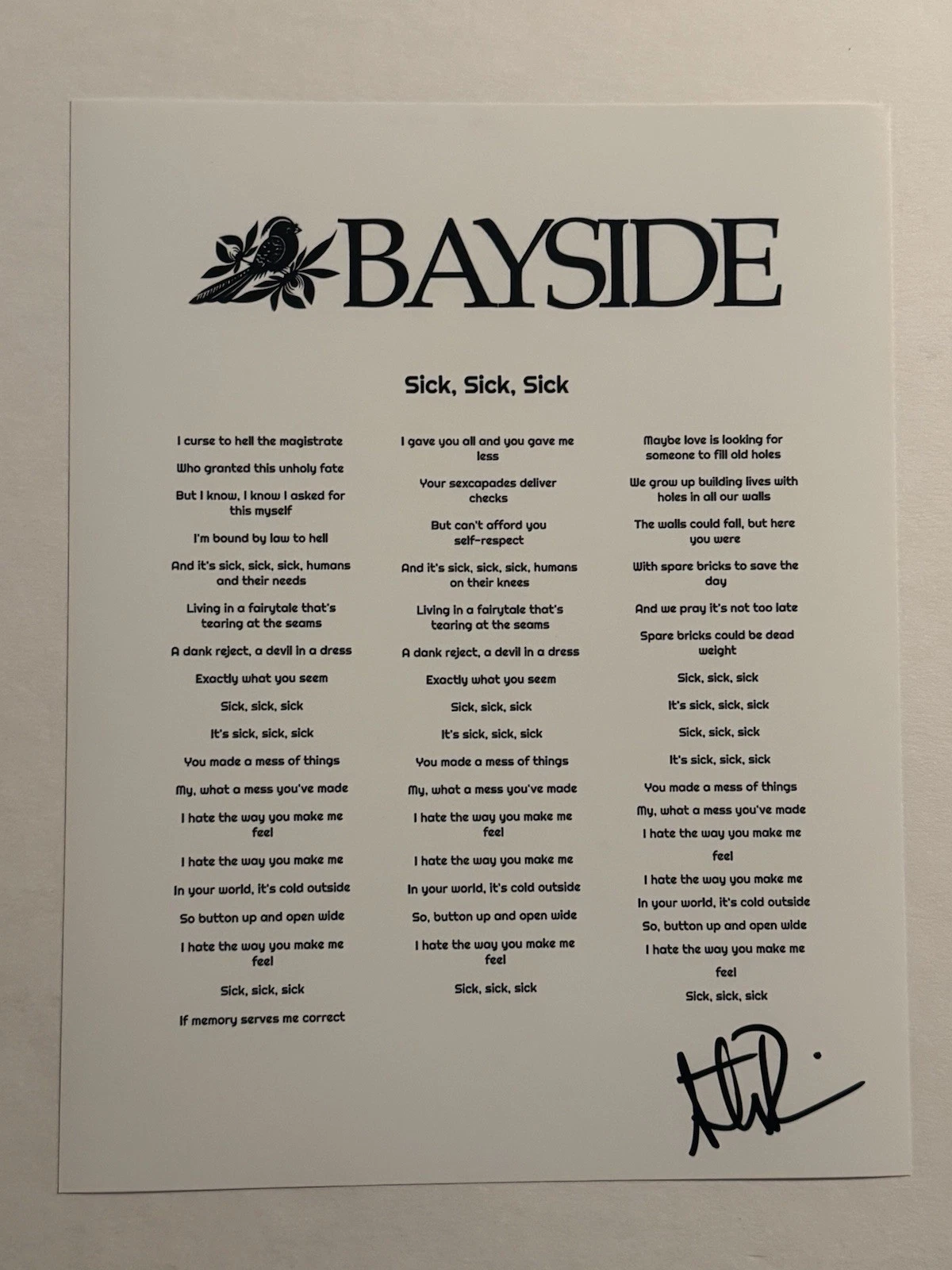 ANTHONY RANERI SIGNED LYRIC SHEET AUTOGRAPHED BAYSIDE BAND LEAD SINGER COA