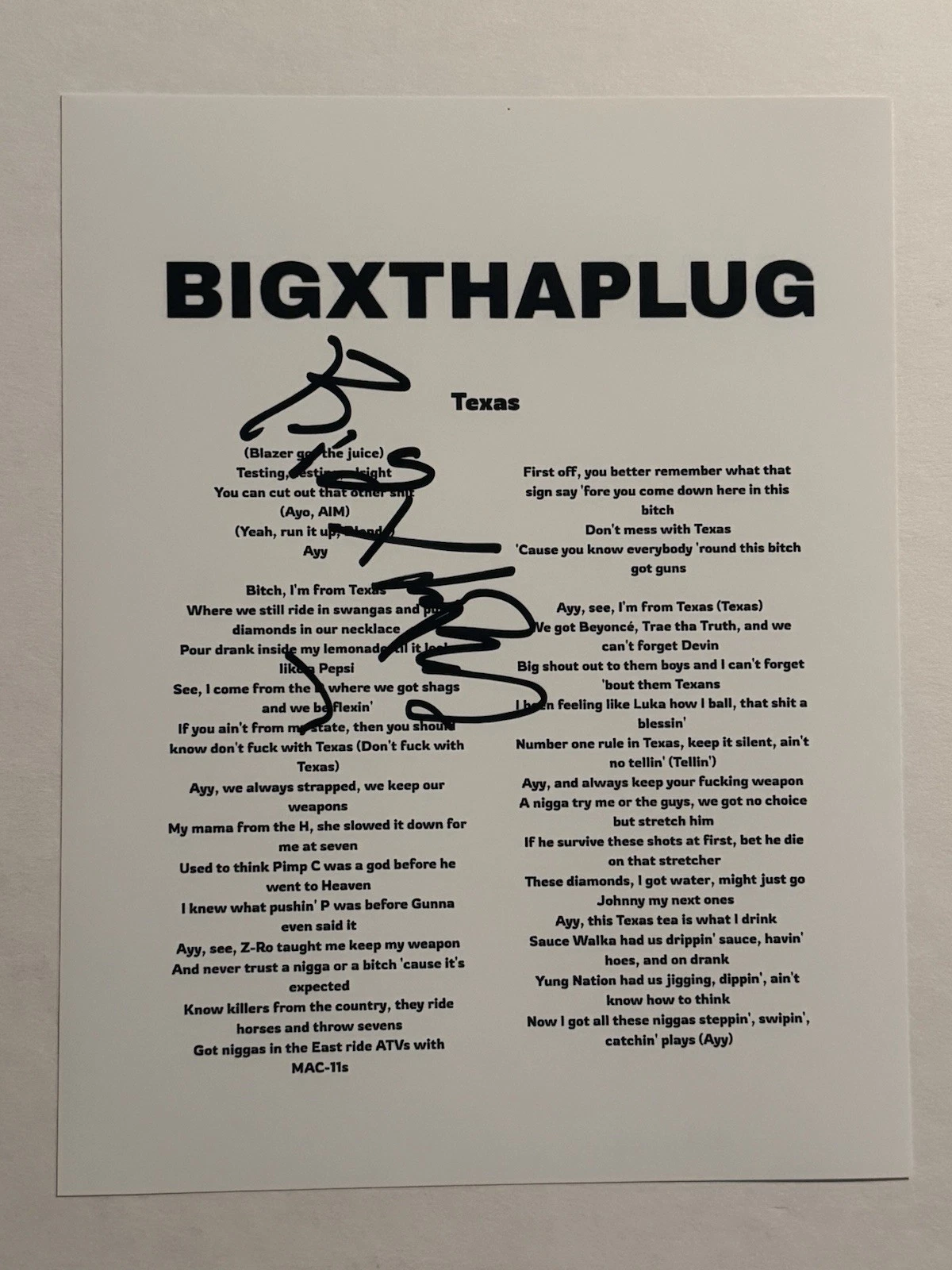 BIGXTHAPLUG HAND SIGNED TEXAS LYRIC SHEET AUTOGRAPHED HIP HOP RAPPER COA