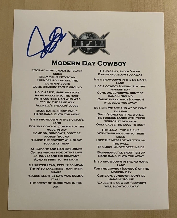JEFF KEITH TESLA BAND LEAD SINGER SIGNED LYRIC SHEET AUTOGRAPHED LOVE SONG COA