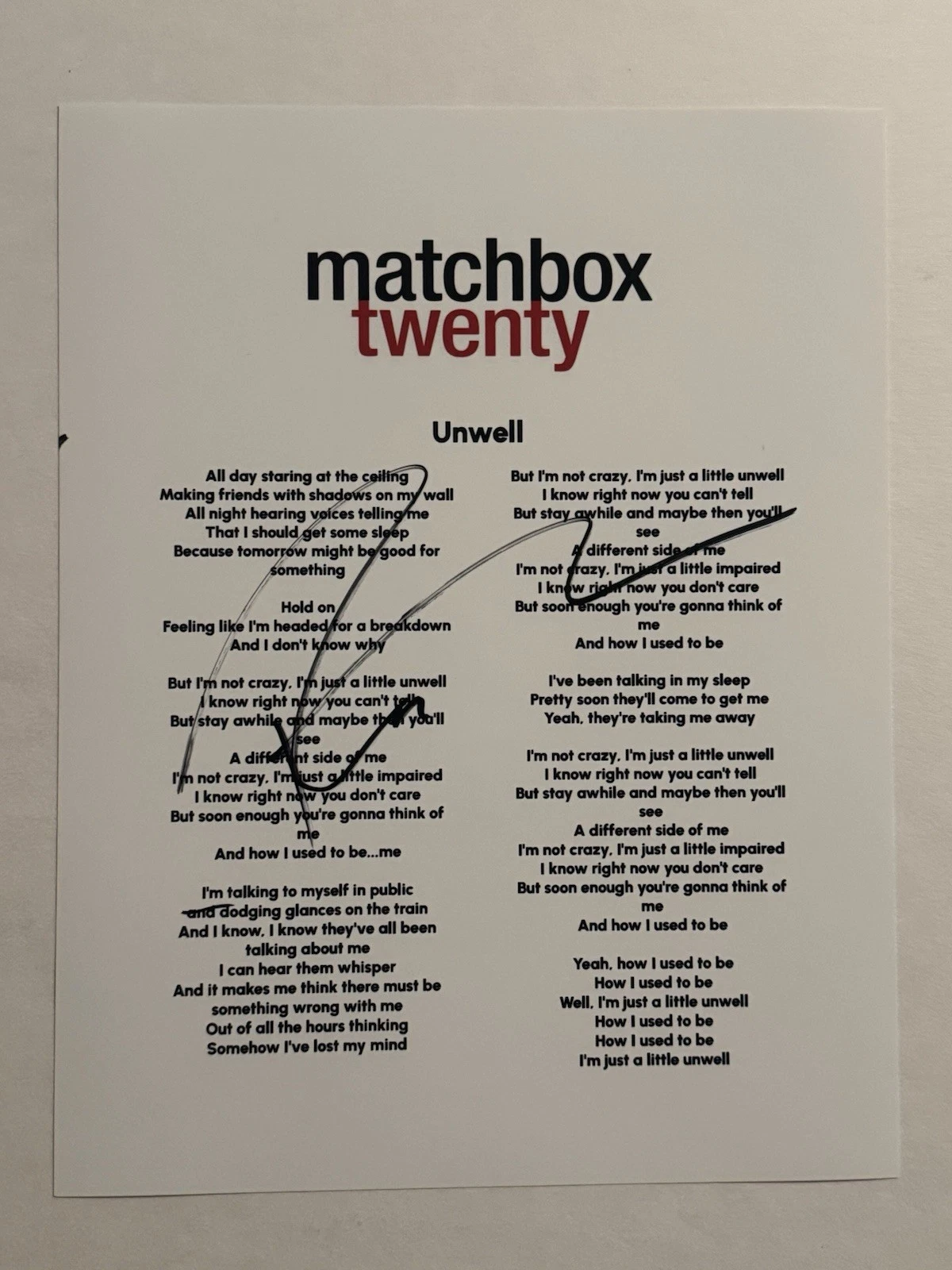 ROB THOMAS SIGNED LYRIC SHEET AUTOGRAPHED MATCHBOX TWENTY BAND LEAD SINGER COA