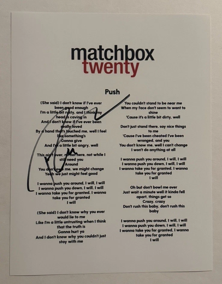 ROB THOMAS SIGNED LYRIC SHEET AUTOGRAPHED MATCHBOX TWENTY BAND LEAD SINGER COA