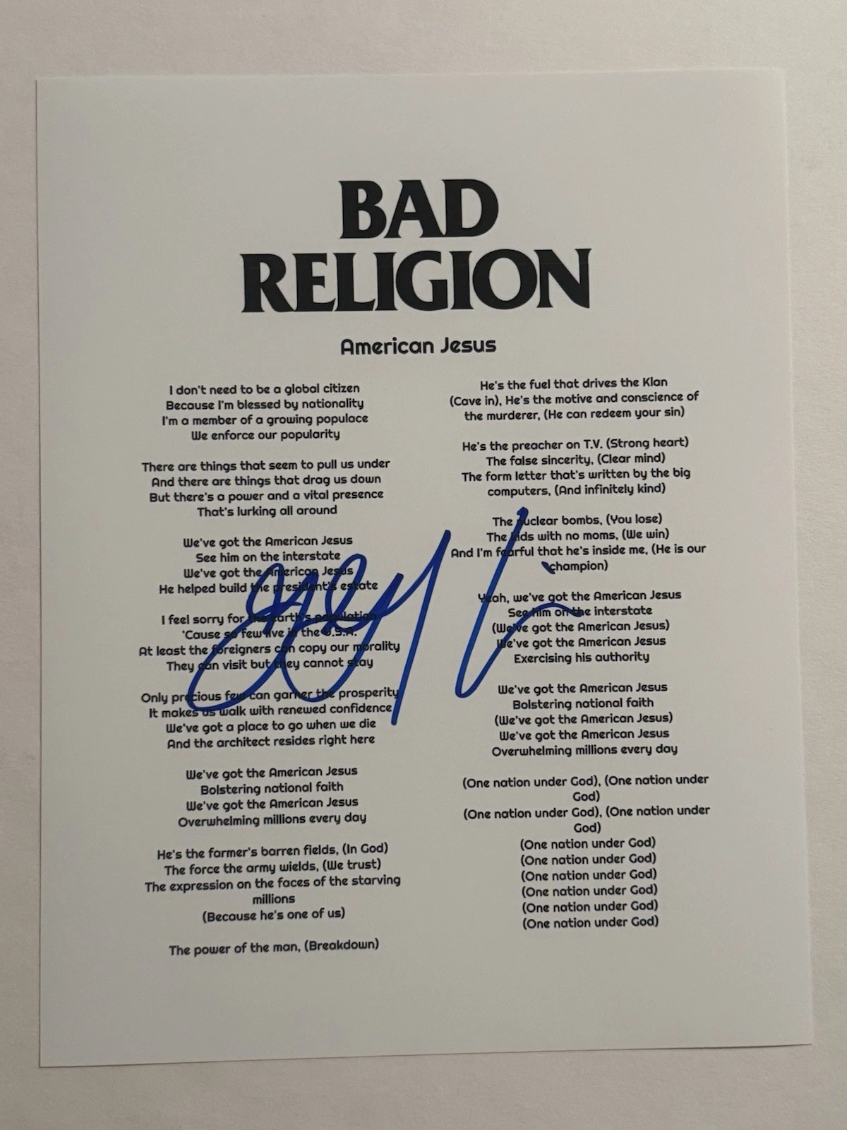 GREG GRAFFIN SIGNED LYRIC SHEET AUTOGRAPHED BAD RELIGION BAND LEAD SINGER COA