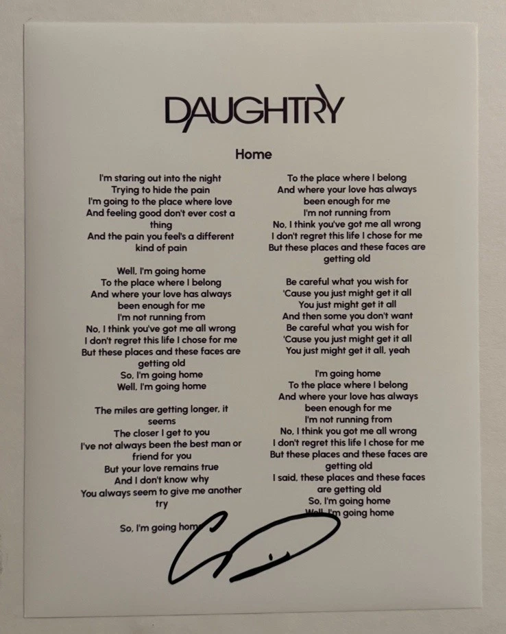 CHRIS DAUGHTRY HAND SIGNED LYRIC SHEET AUTOGRAPHED DAUGHTRY BAND SINGER COA