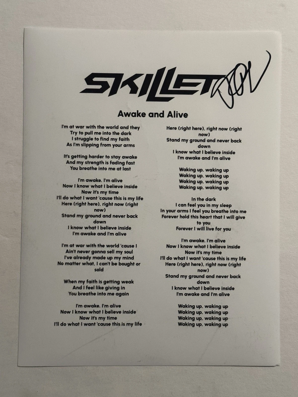 JEN LEDGER SIGNED LYRIC SHEET AUTOGRAPHED SKILLET DRUMMER RARE COA