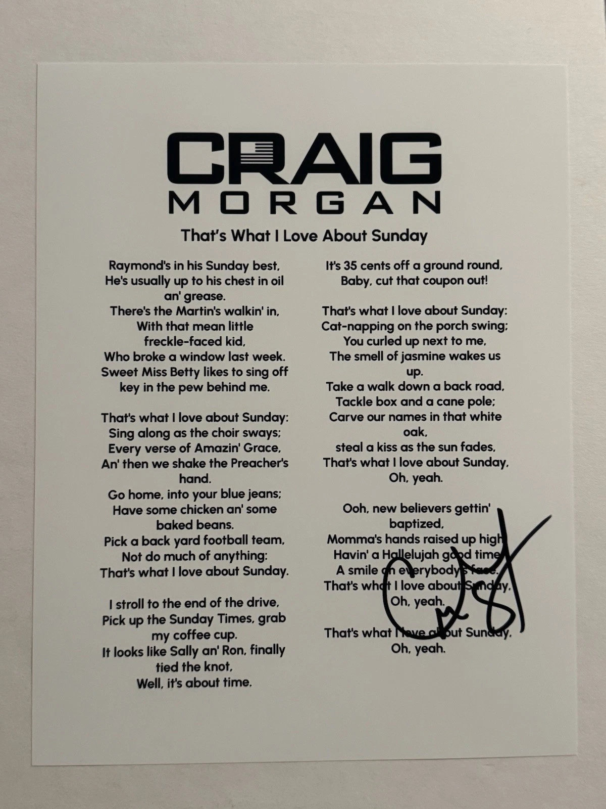 CRAIG MORGAN SIGNED LYRIC SHEET AUTOGRAPHED COUNTRY SINGER STAR VERY RARE COA