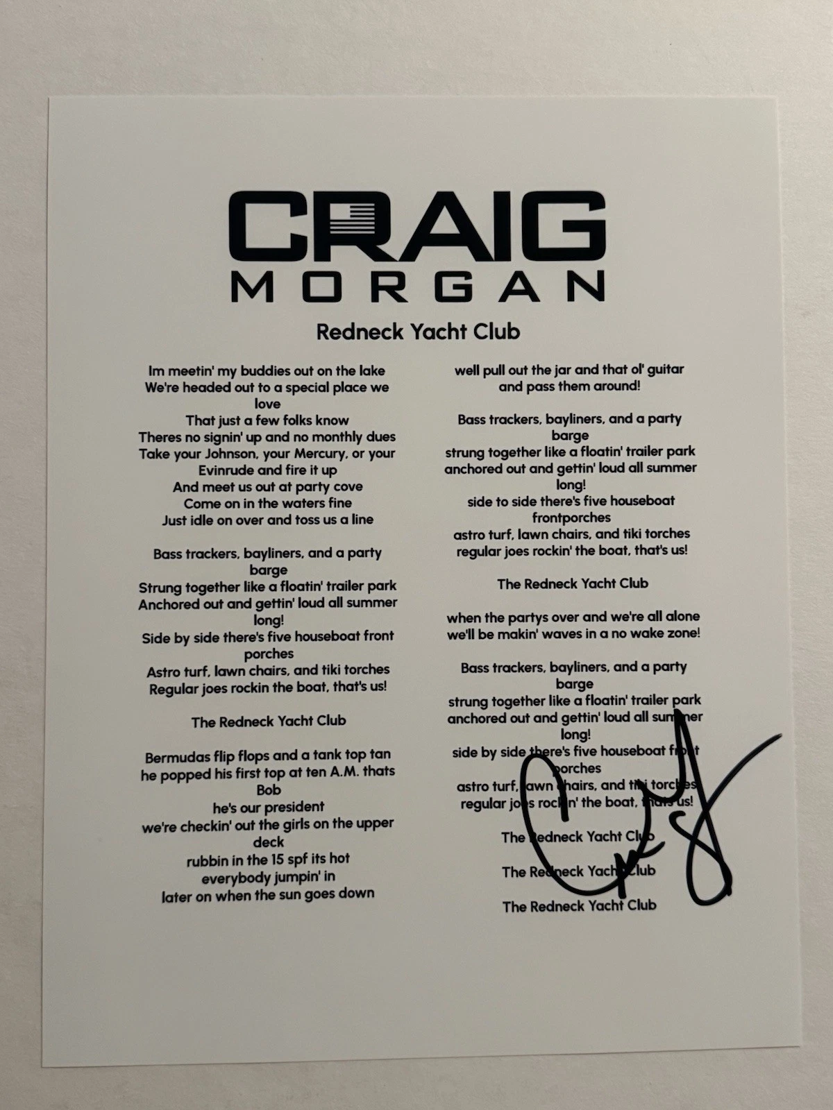 CRAIG MORGAN SIGNED LYRIC SHEET AUTOGRAPHED COUNTRY SINGER STAR VERY RARE COA