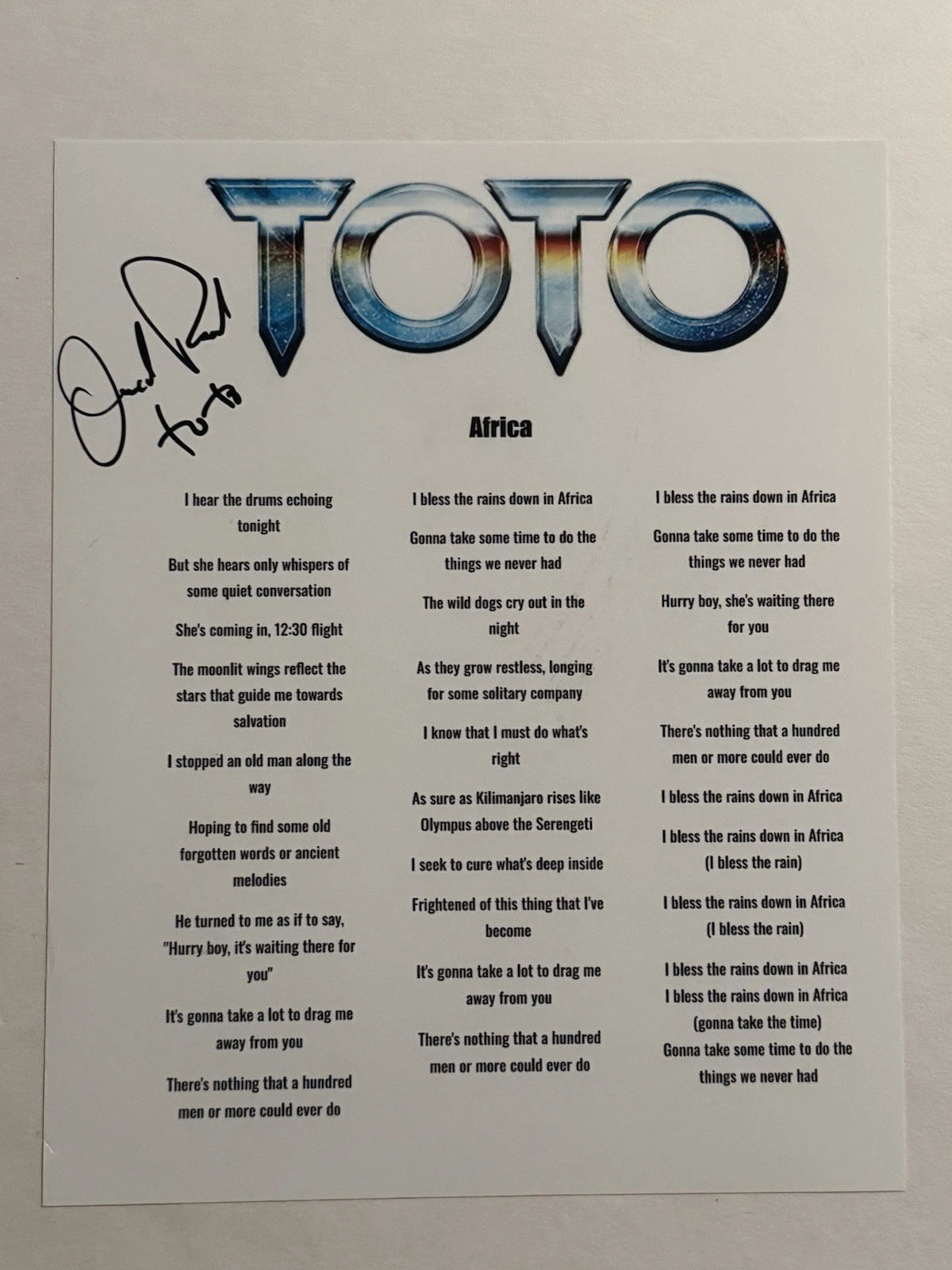 DAVID PAICH SIGNED AFRICA LYRIC SHEET AUTOGRAPHED TOTO BAND SINGER COA