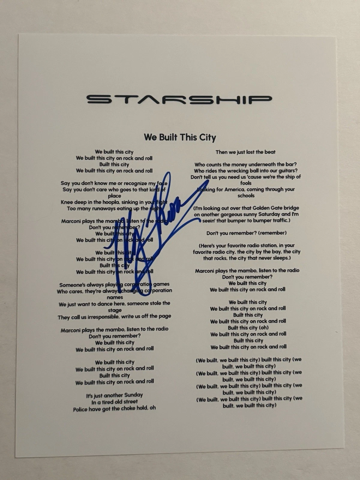 MICKEY THOMAS SIGNED LYRIC SHEET AUTOGRAPHED JEFFERSON STARSHIP RARE COA