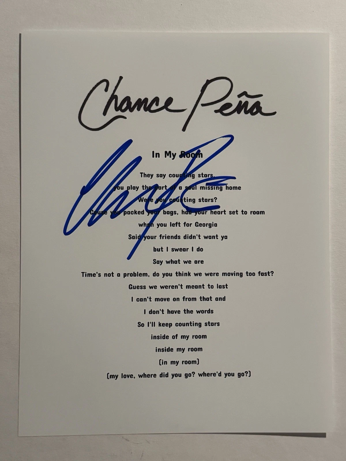CHANCE PENA HAND SIGNED LYRIC SHEET AUTOGRAPHED INDIE POP SINGER RARE COA