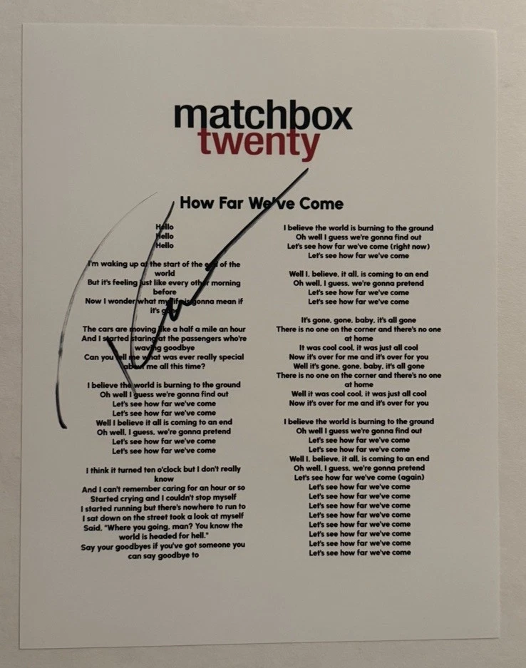 ROB THOMAS SIGNED LYRIC SHEET AUTOGRAPHED MATCHBOX TWENTY BAND LEAD SINGER COA
