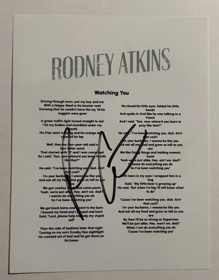 RODNEY ATKINS HAND SIGNED LYRIC SHEET AUTOGRAPHED COUNTRY SINGER RARE COA
