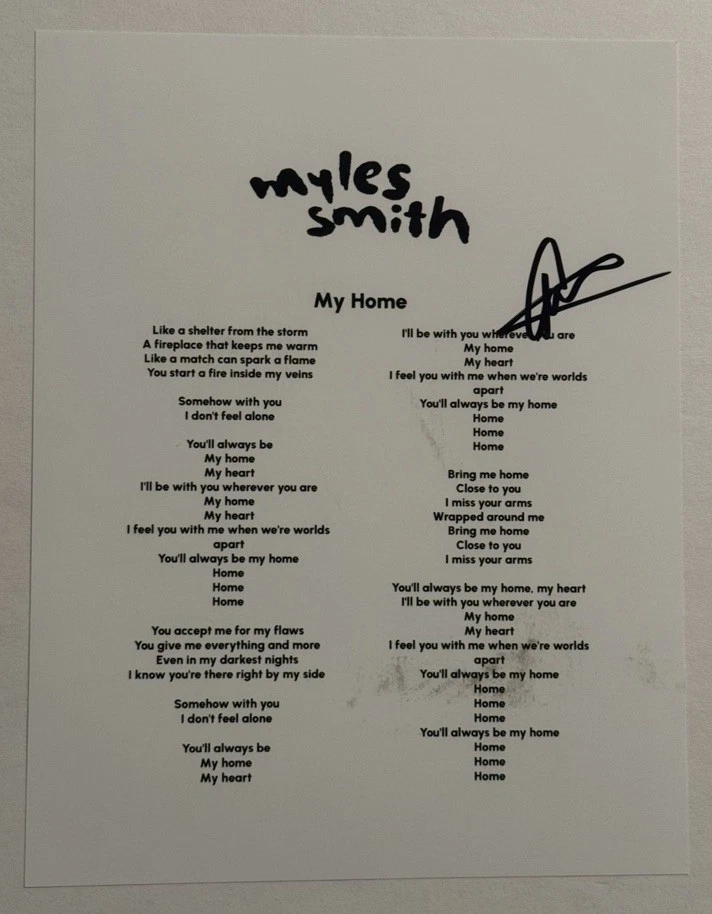 MYLES SMITH HAND SIGNED AUTOGRAPHED MY HOME LYRIC SHEET SINGER RARE COA