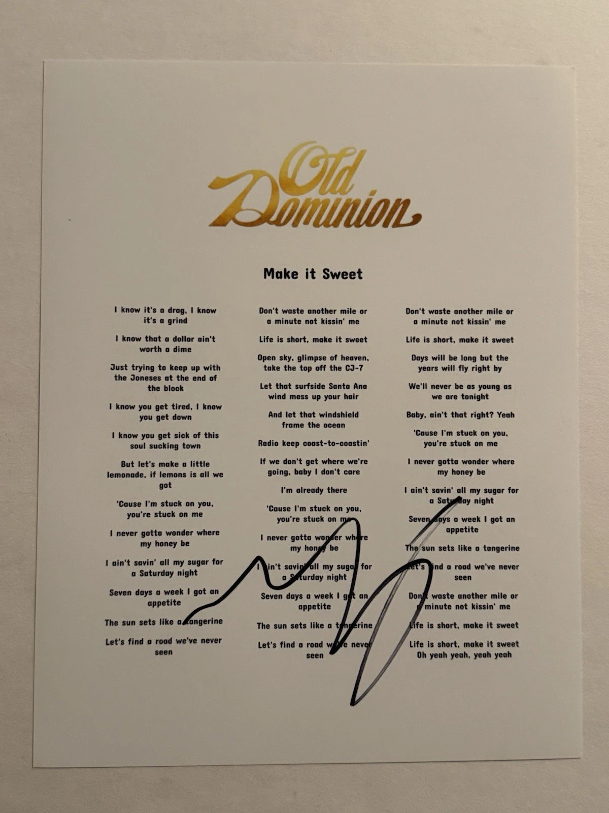MATT RAMSEY SIGNED LYRIC SHEET AUTOGRAPHED OLD DOMINION BAND SINGER RARE COA