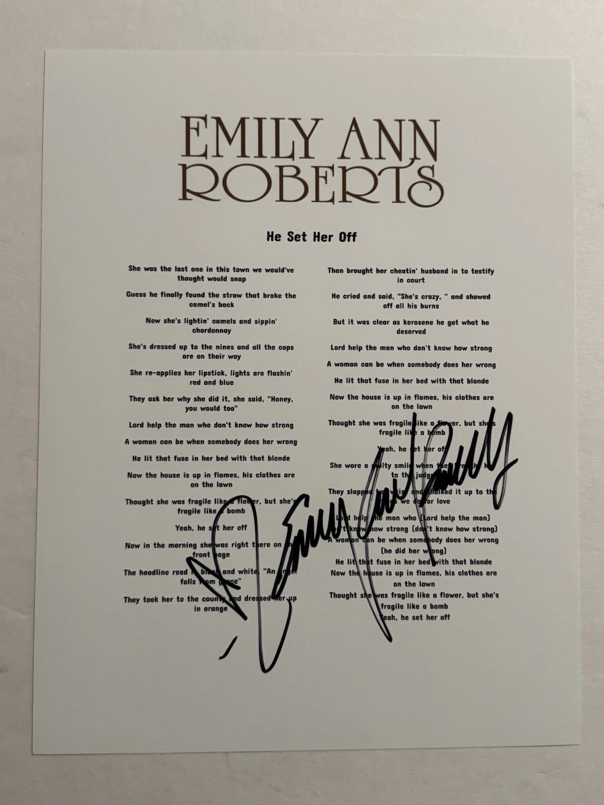 EMILY ANN ROBERTS SIGNED LYRIC SHEET AUTOGRAPHED COUNTRY SINGER STAR RARE COA