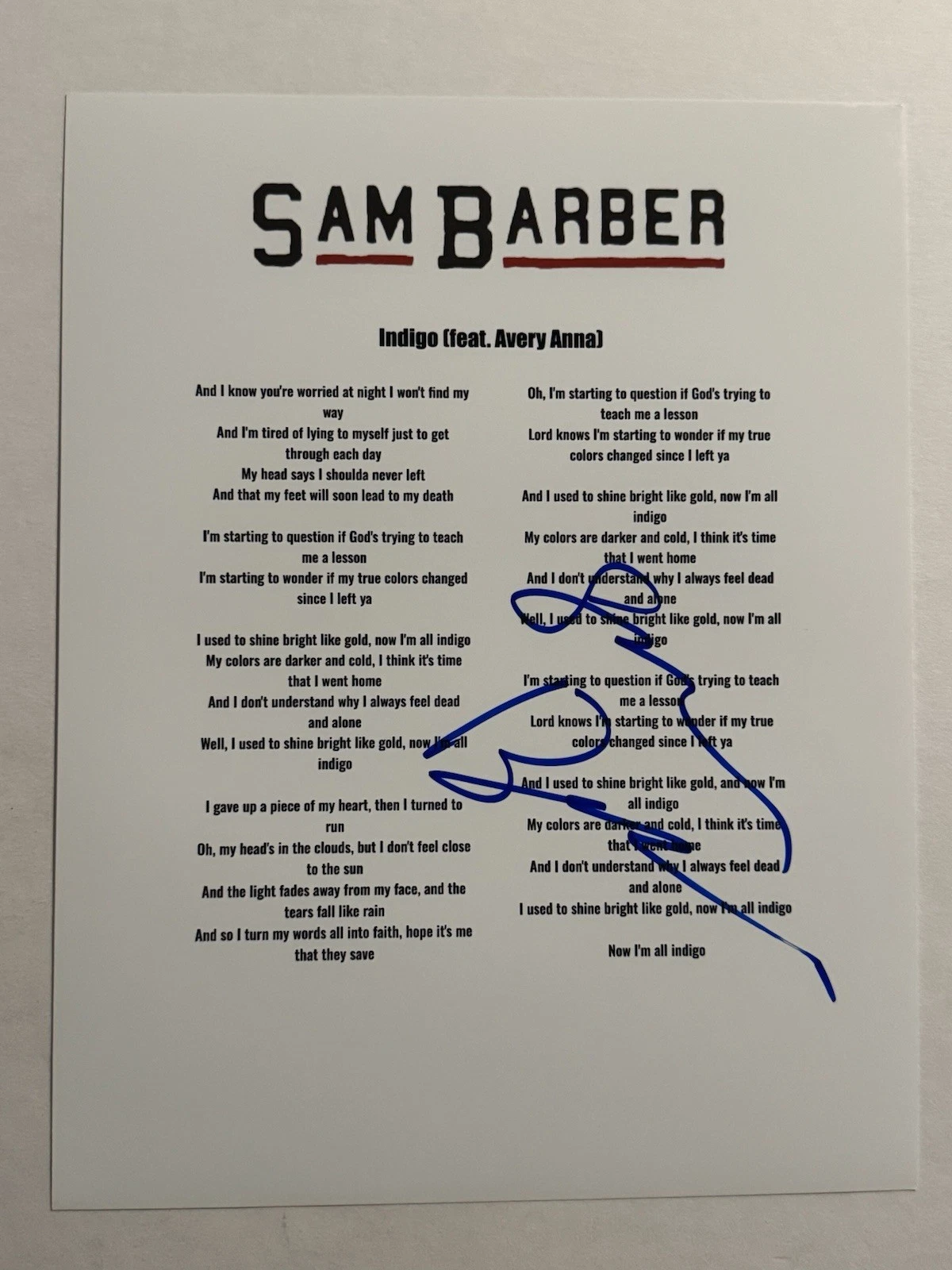 SAM BARBER SIGNED LYRIC SHEET AUTOGRAPHED INDIGO COUNTRY SINGER RARE COA