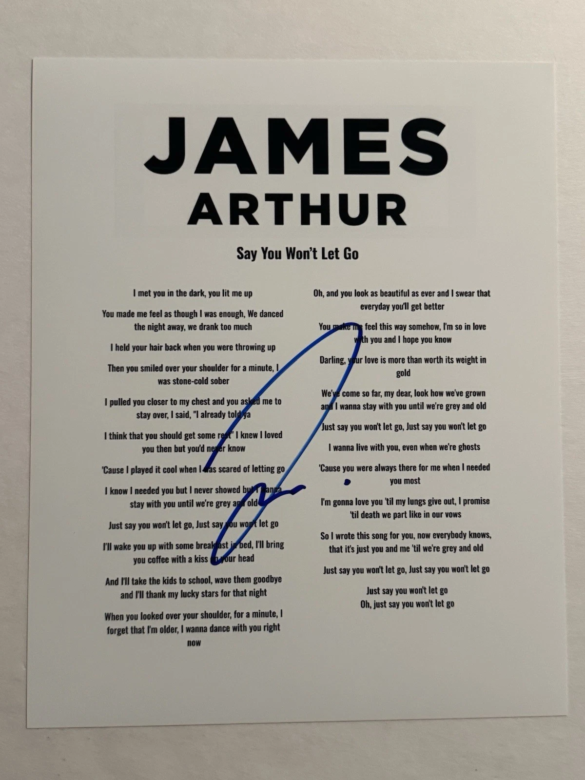 JAMES ARTHUR SIGNED LYRIC SHEET AUTOGRAPHED SAY YOU WONT LET GO SINGER COA