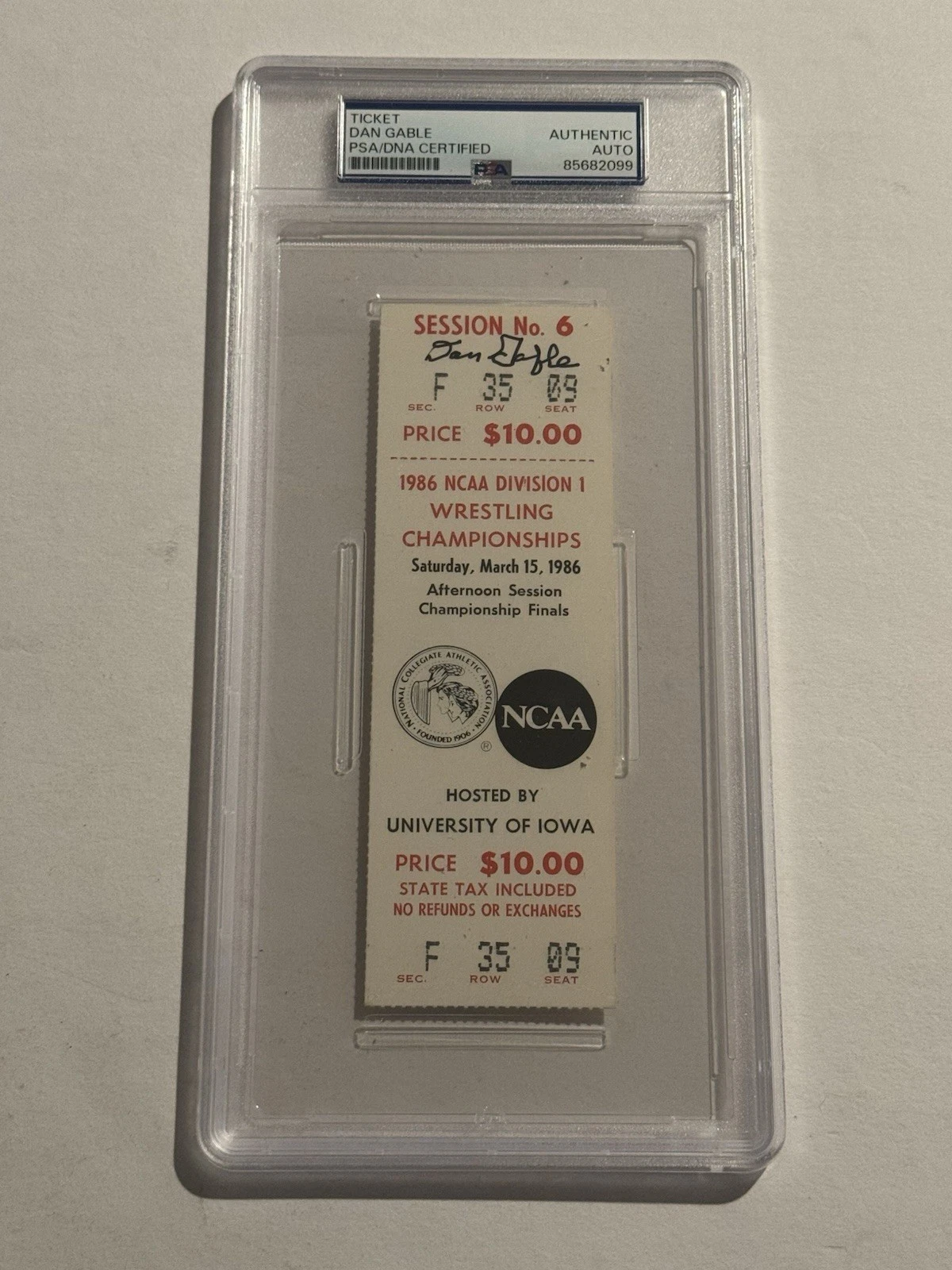 DAN GABLE SIGNED VINTAGE 1986 IOWA HAWKEYES WRESTLING NCAA CHAMPS TICKET PSA COLLECTIBLE MEMORABILIA