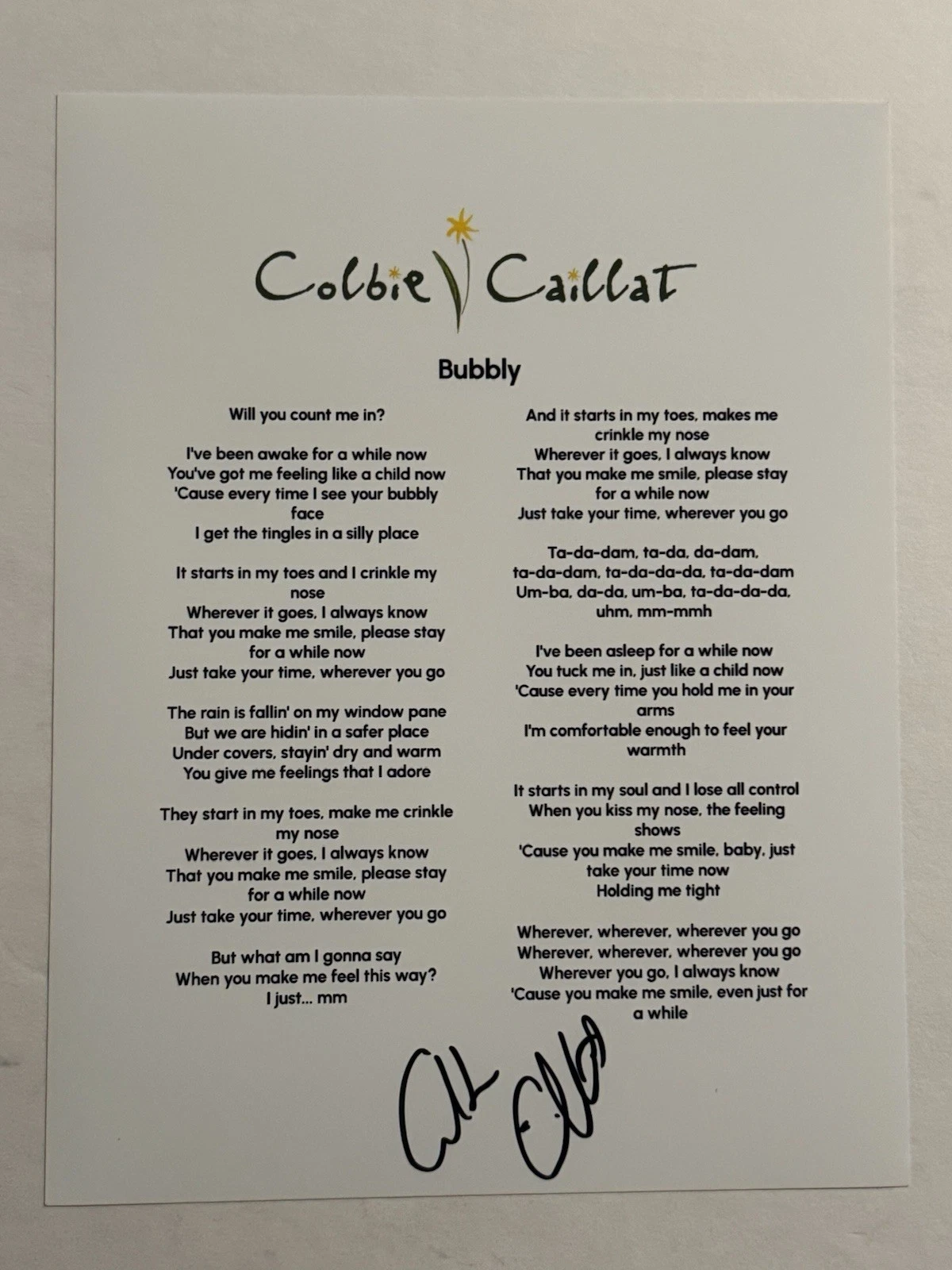 COLBIE CAILLAT SIGNED BUBBLY LYRIC SHEET SINGER AUTOGRAPHED RARE HOT COA