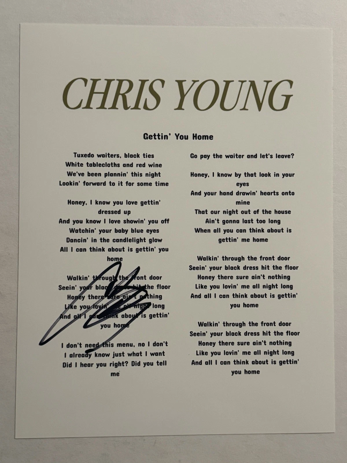CHRIS YOUNG HAND SIGNED LYRIC SHEET AUTOGRAPHED COUNTRY SINGER RARE COA