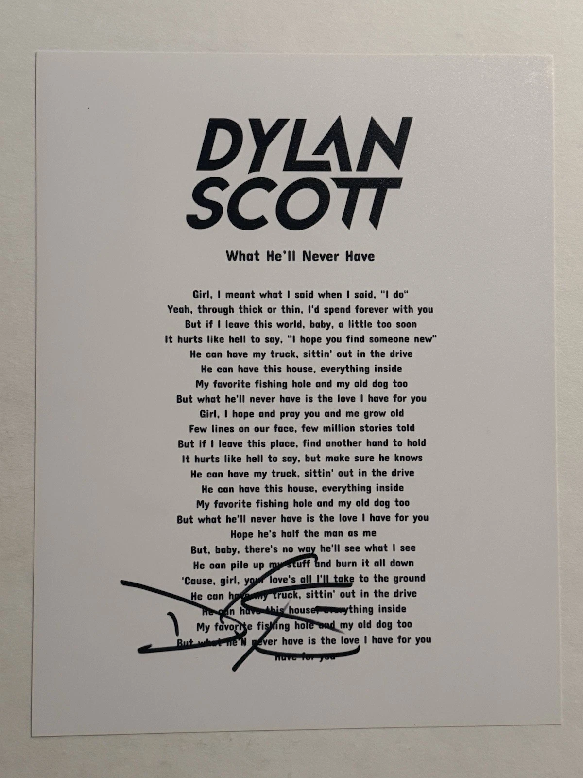 DYLAN SCOTT HAND SIGNED LYRIC SHEET AUTOGRAPHED COUNTRY SINGER RARE COA