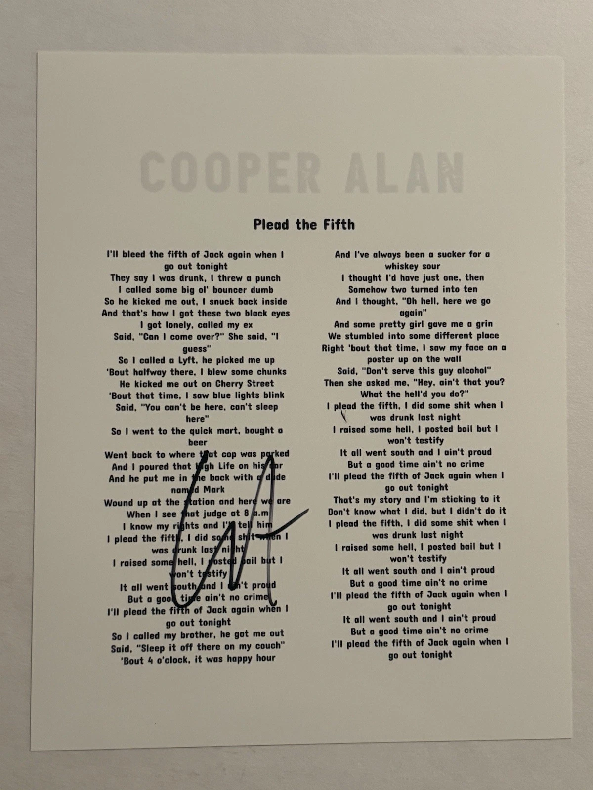 COOPER ALAN SIGNED LYRIC SHEET AUTOGRAPHED COUNTRY SINGER STAR COA