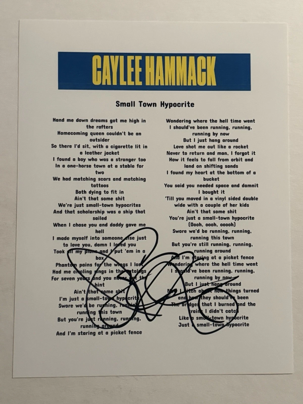 CAYLEE HAMMACK HAND SIGNED LYRIC SHEET AUTOGRAPHED COUNTRY SINGER RARE COA