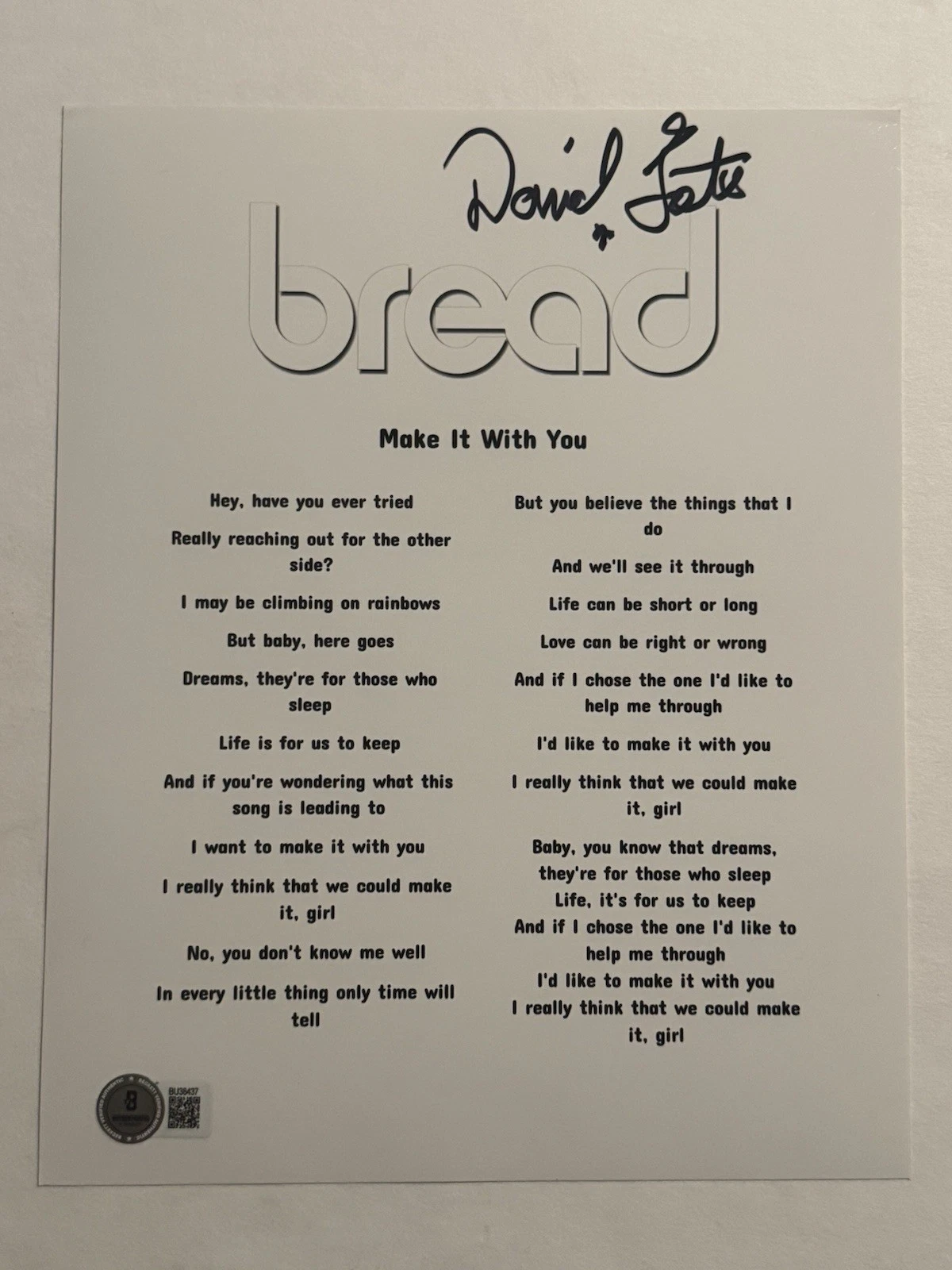 DAVID GATES HAND SIGNED LYRIC SHEET AUTOGRAPHED BREAD BAND LEAD SINGER BAS COA
