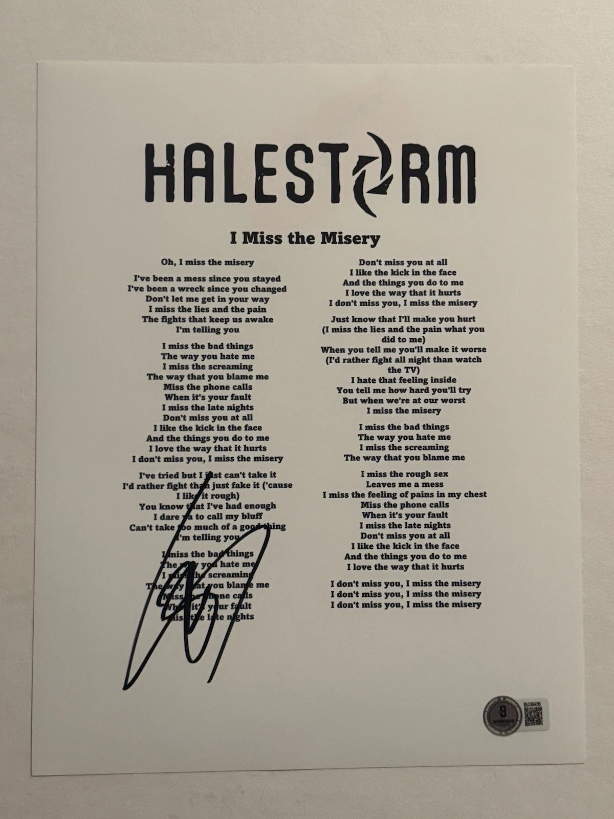 LZZY HALE SIGNED LYRIC SHEET AUTOGRAPHED HALESTORM BAND LEAD SINGER BAS COA