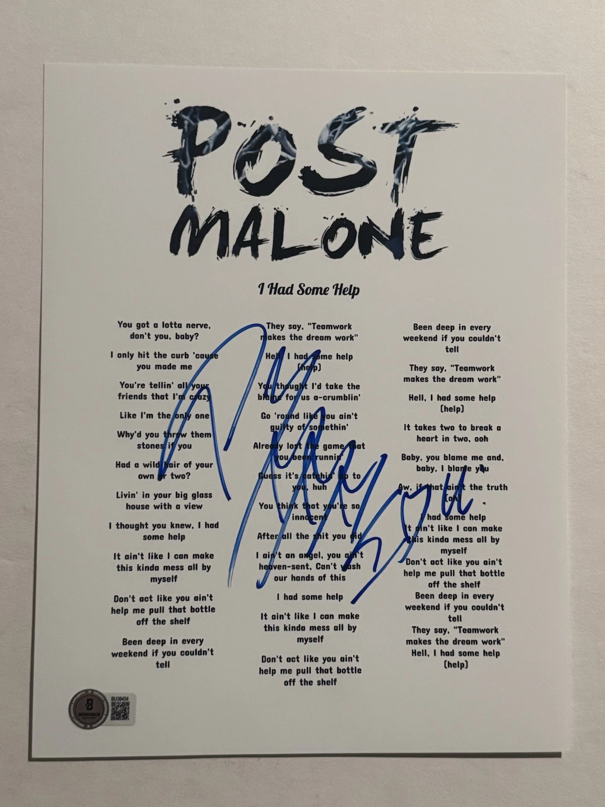 POST MALONE SIGNED I HAD SOME HELP  LYRIC SHEET AUTOGRAPHED SINGER RARE BAS COA