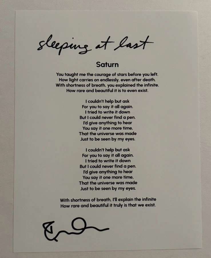 RYAN O’NEAL SLEEPING AT LAST BAND LEAD SINGER SIGNED LYRIC SHEET AUTOGRAPHED COA