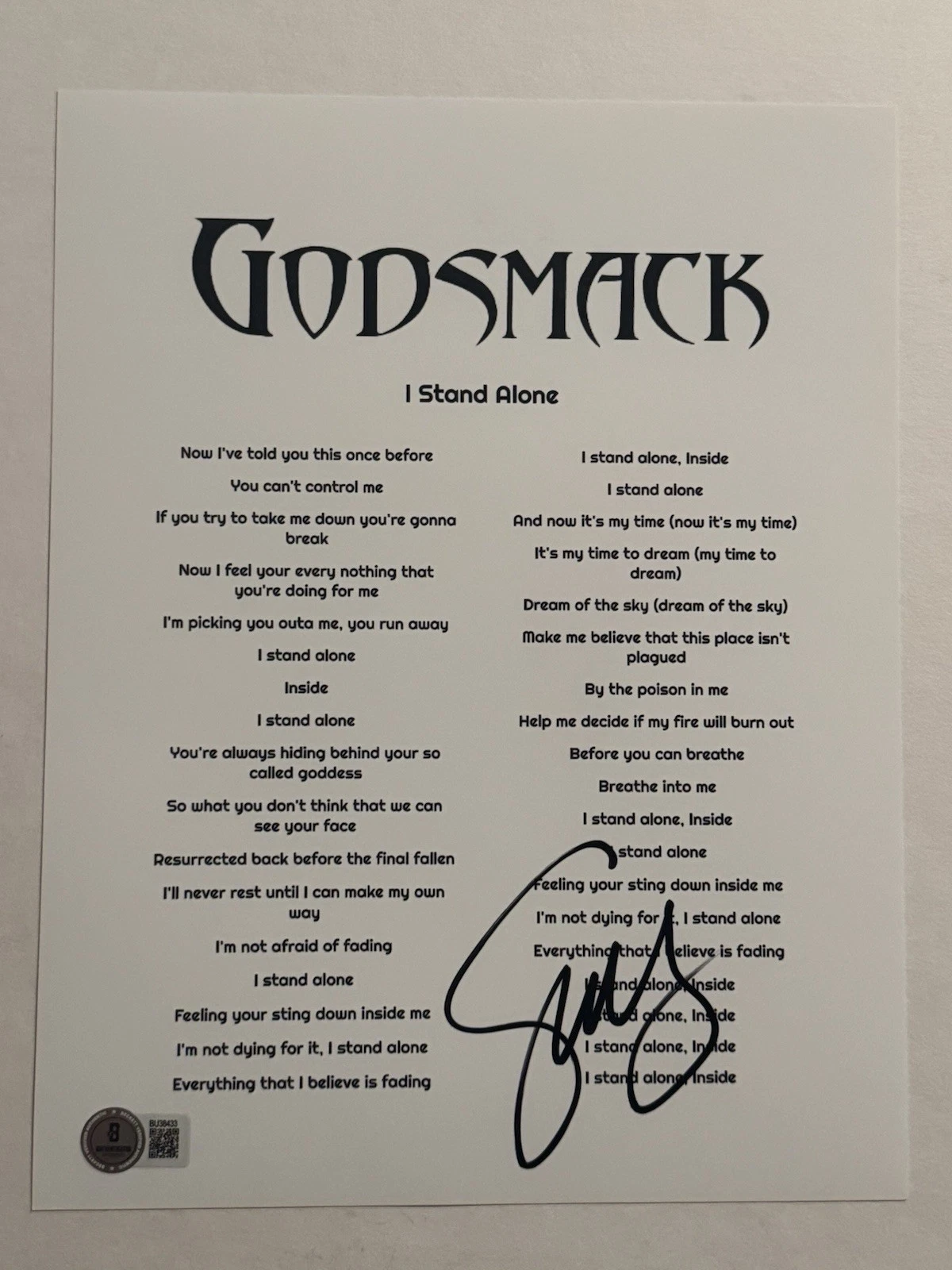 SULLY ERNA SIGNED LYRIC SHEET AUTOGRAPHED GODSMACK BAND SINGER ROCK BAND BAS COA