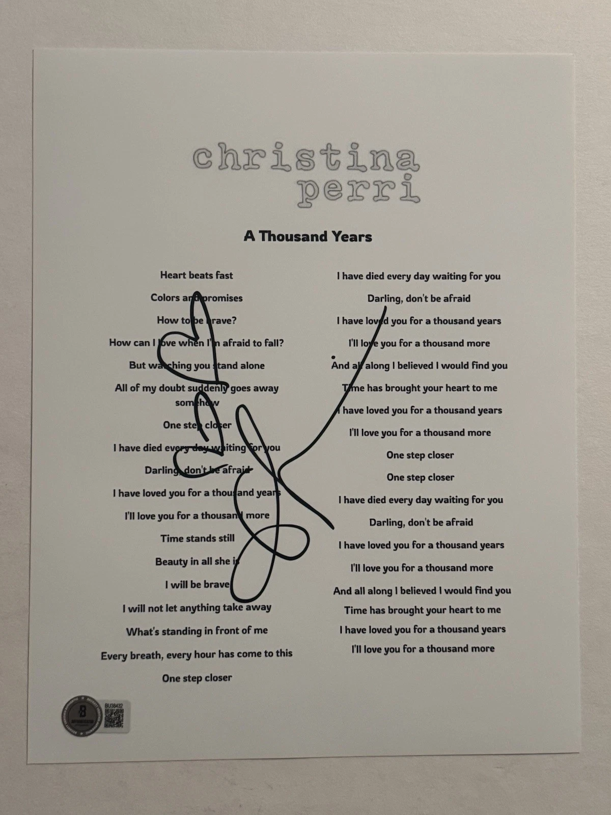 CHRISTINA PERRI SIGNED LYRIC SHEET AUTOGRAPHED A THOUSAND YEARS SINGER BAS COA