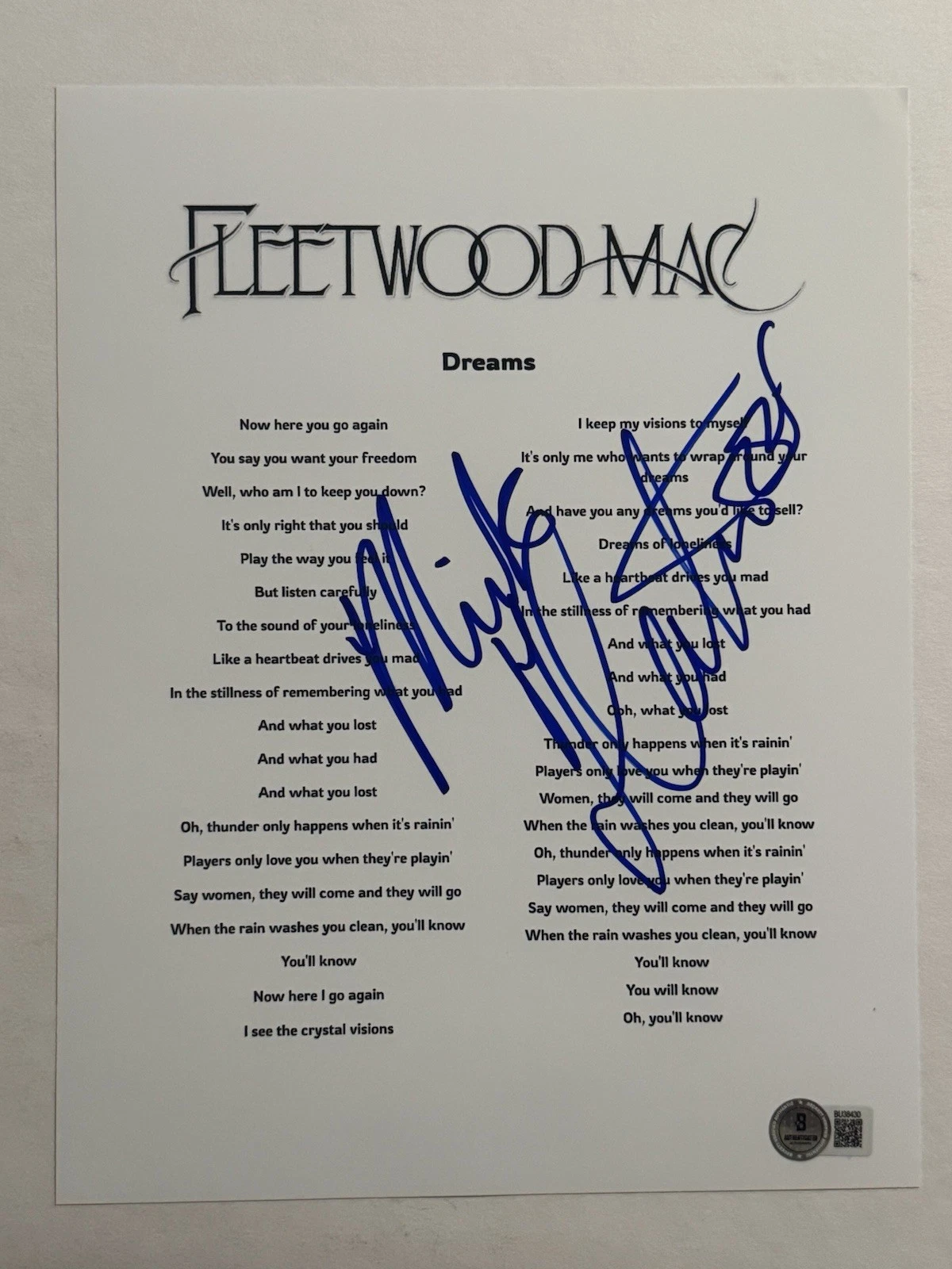 MICK FLEETWOOD SIGNED LYRIC SHEET AUTOGRAPHED FLEETWOOD MAC BAND DRUMMER BAS COA