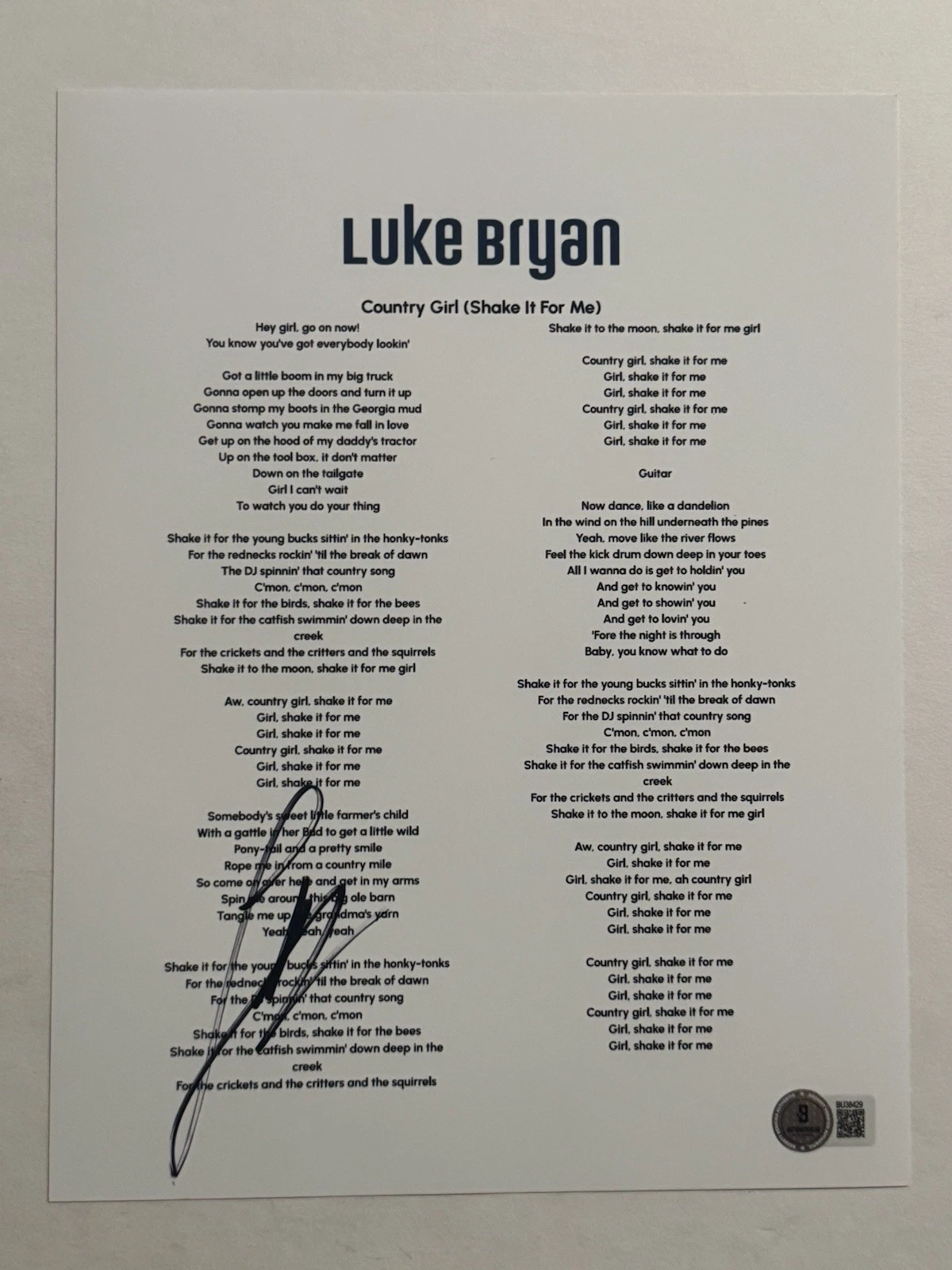 LUKE BRYAN SIGNED LYRIC SHEET AUTOGRAPHED COUNTRY SINGER VERY RARE BAS COA
