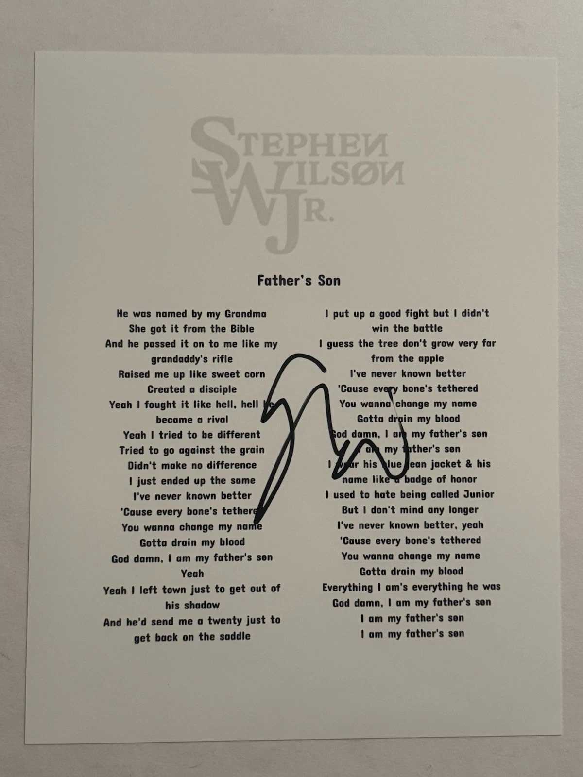 STEPHEN WILSON JR HAND SIGNED LYRIC SHEET AUTOGRAPHED COUNTRY SINGER RARE COA