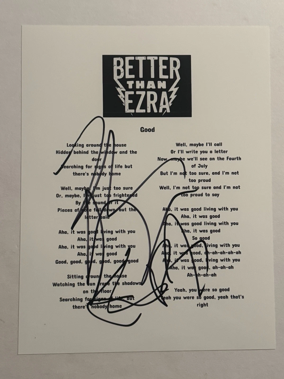 KEVIN GRIFFIN BETTER THAN EZRA BAND SINGER SIGNED LYRIC SHEET AUTOGRAPHED COA