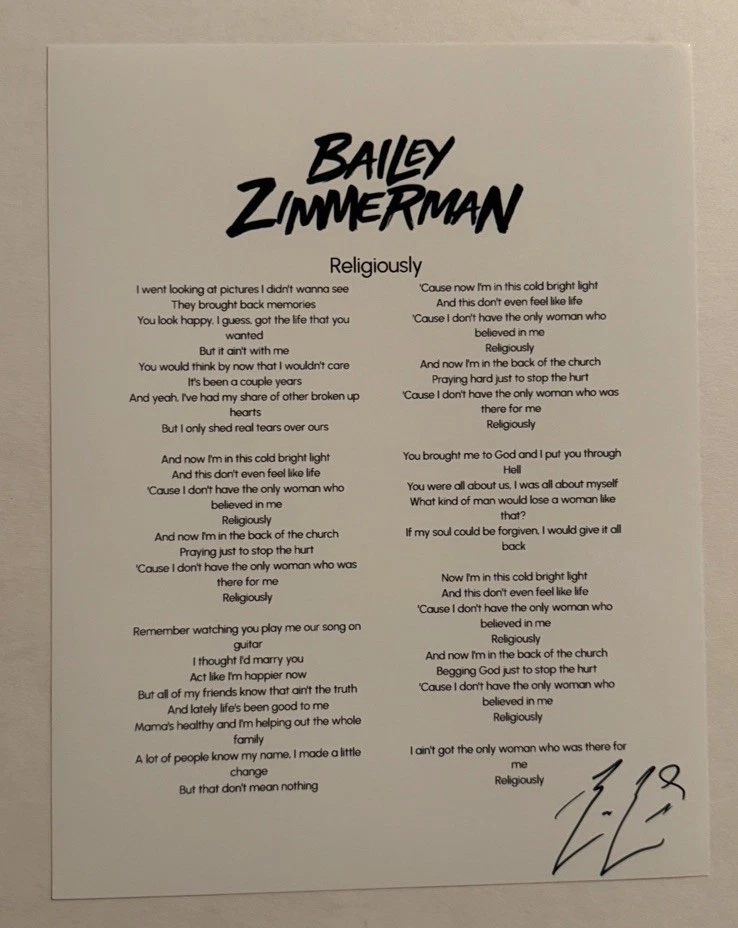 BAILEY ZIMMERMAN HAND SIGNED LYRIC SHEET AUTOGRAPHED COUNTRY SINGER RARE COA