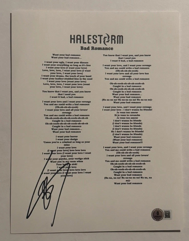 LZZY HALE SIGNED LYRIC SHEET AUTOGRAPHED HALESTORM BAND LEAD SINGER BAS COA