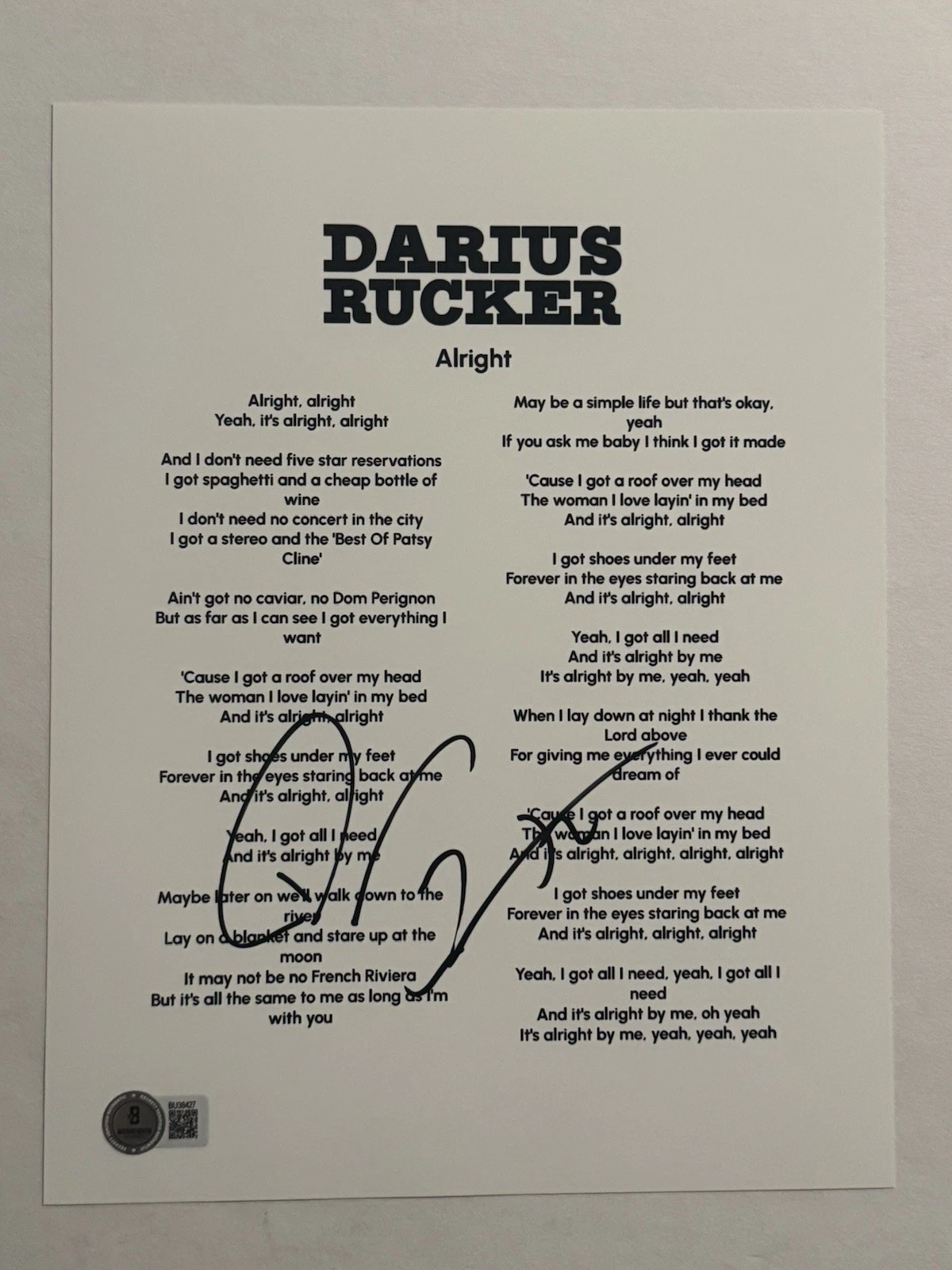 DARIUS RUCKER SIGNED ALRIGHT LYRIC SHEET AUTOGRAPHED COUNTRY SINGER BAS COA