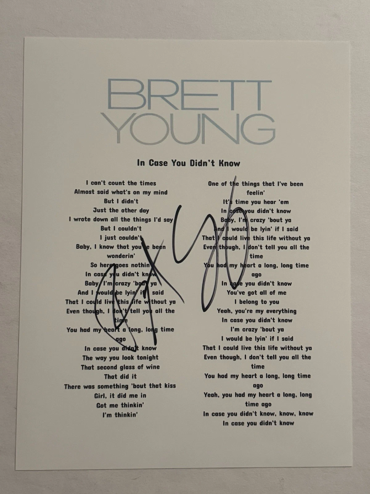 BRETT YOUNG HAND SIGNED LYRIC SHEET AUTOGRAPHED COUNTRY SINGER RARE COA