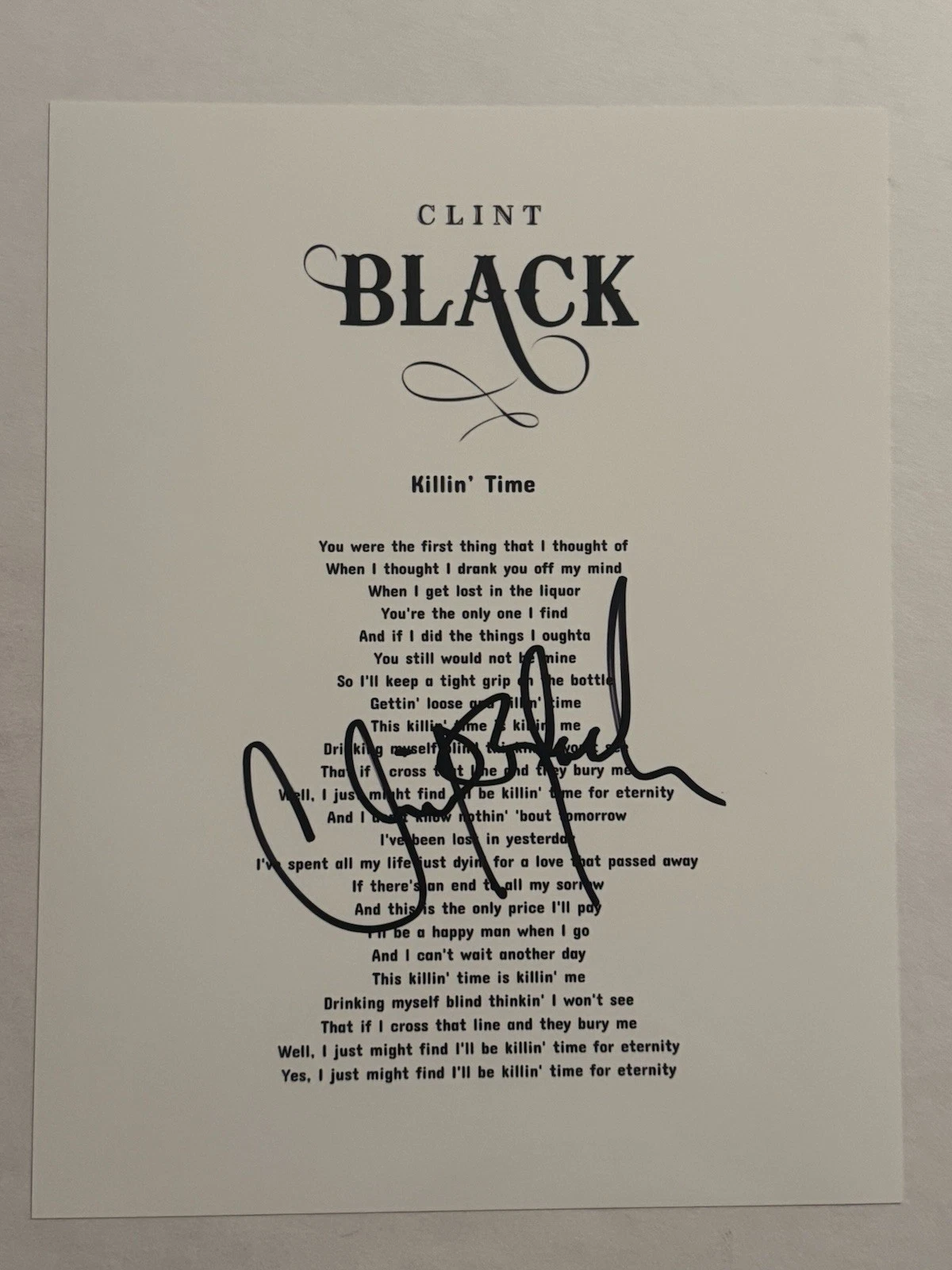 CLINT BLACK SIGNED LYRIC SHEET AUTOGRAPHED KILLIN TIME COUNTRY SINGER RARE COA