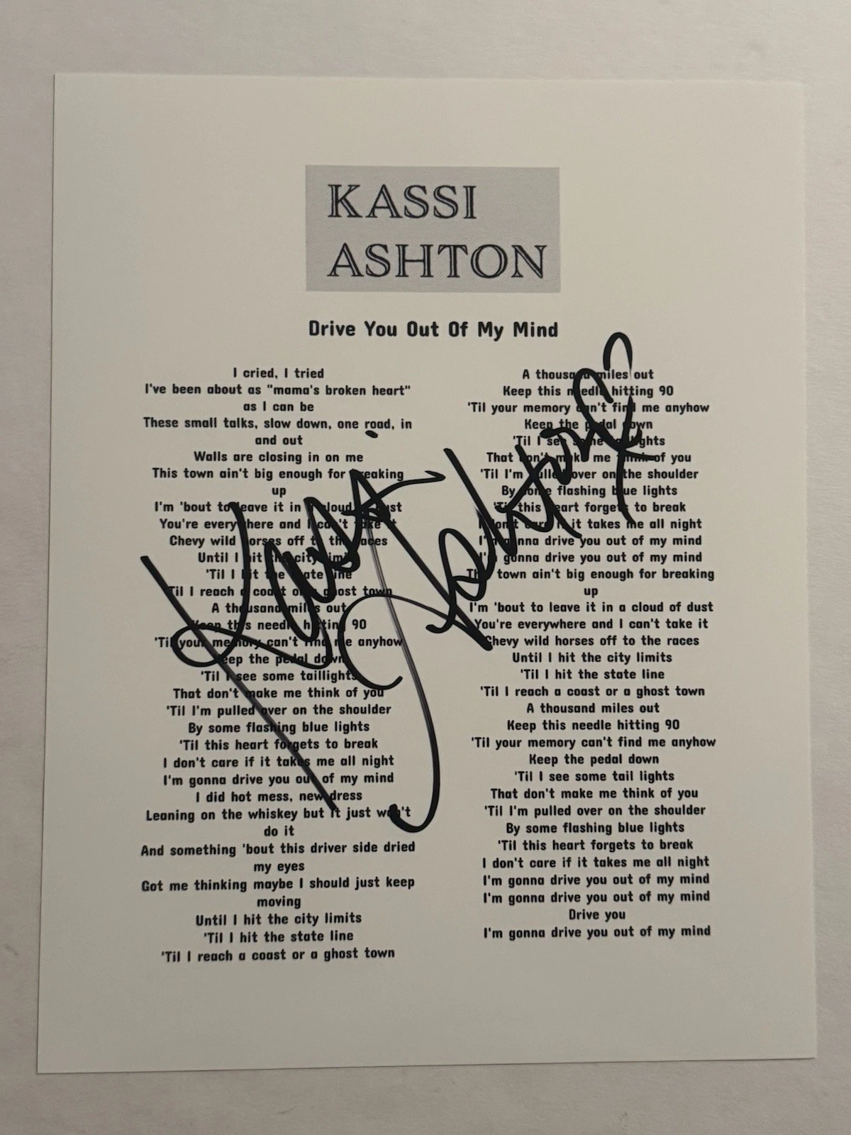 KASSI ASHTON SIGNED LYRIC SHEET AUTOGRAPHED HOT COUNTRY SINGER STAR COA