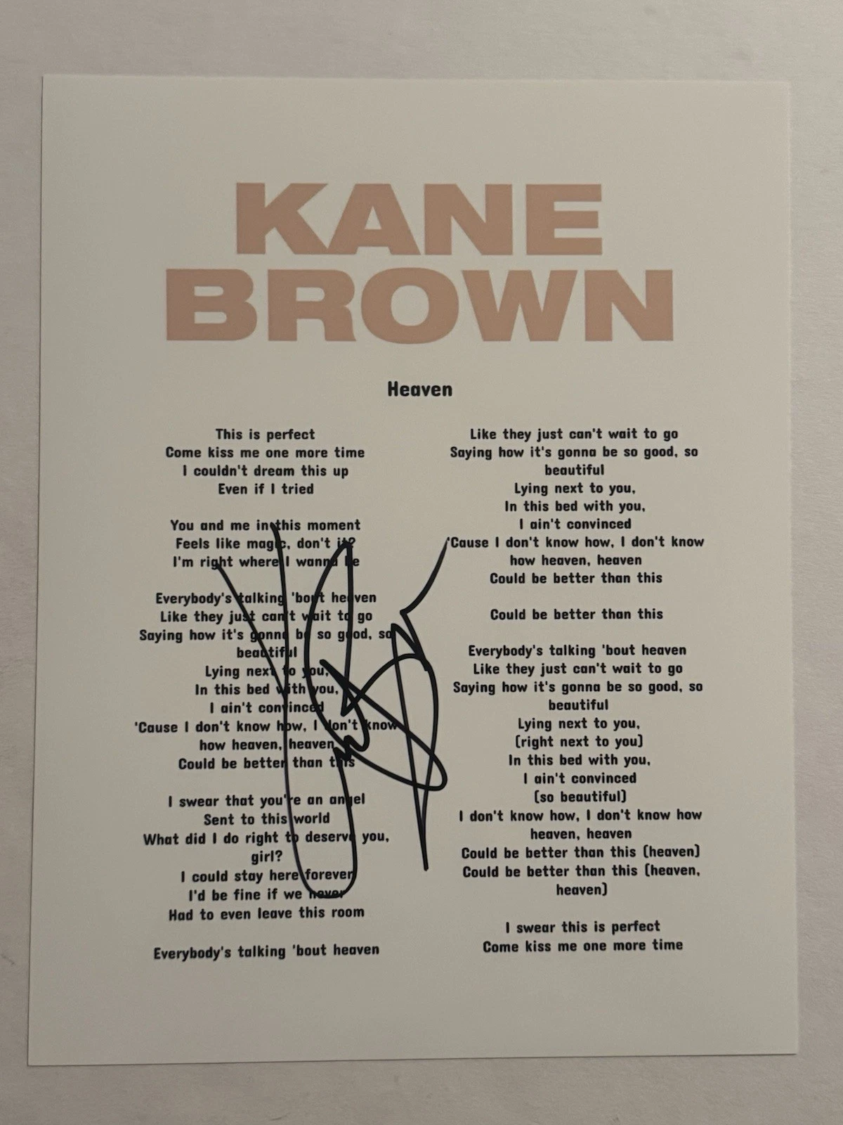 KANE BROWN HAND SIGNED LYRIC SHEET AUTOGRAPHED COUNTRY SINGER STAR RARE COA