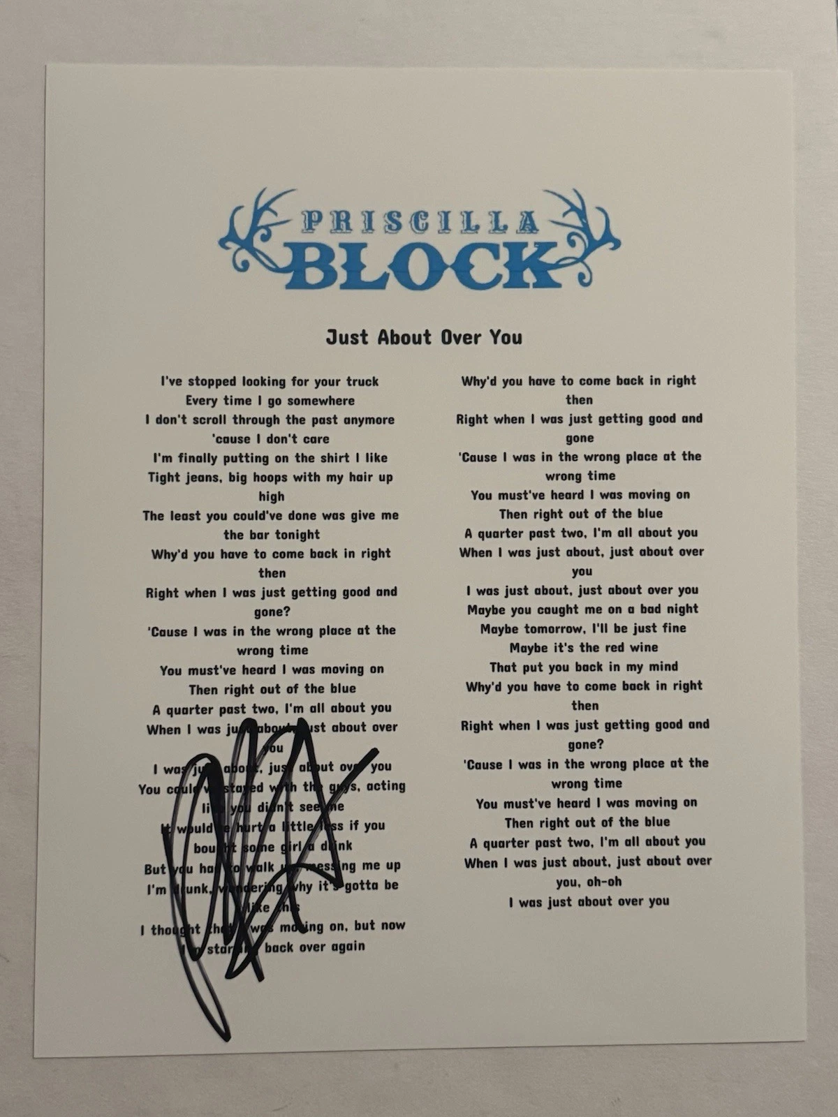 PRISCILLA BLOCK SIGNED LYRIC SHEET AUTOGRAPHED HOT COUNTRY SINGER STAR COA