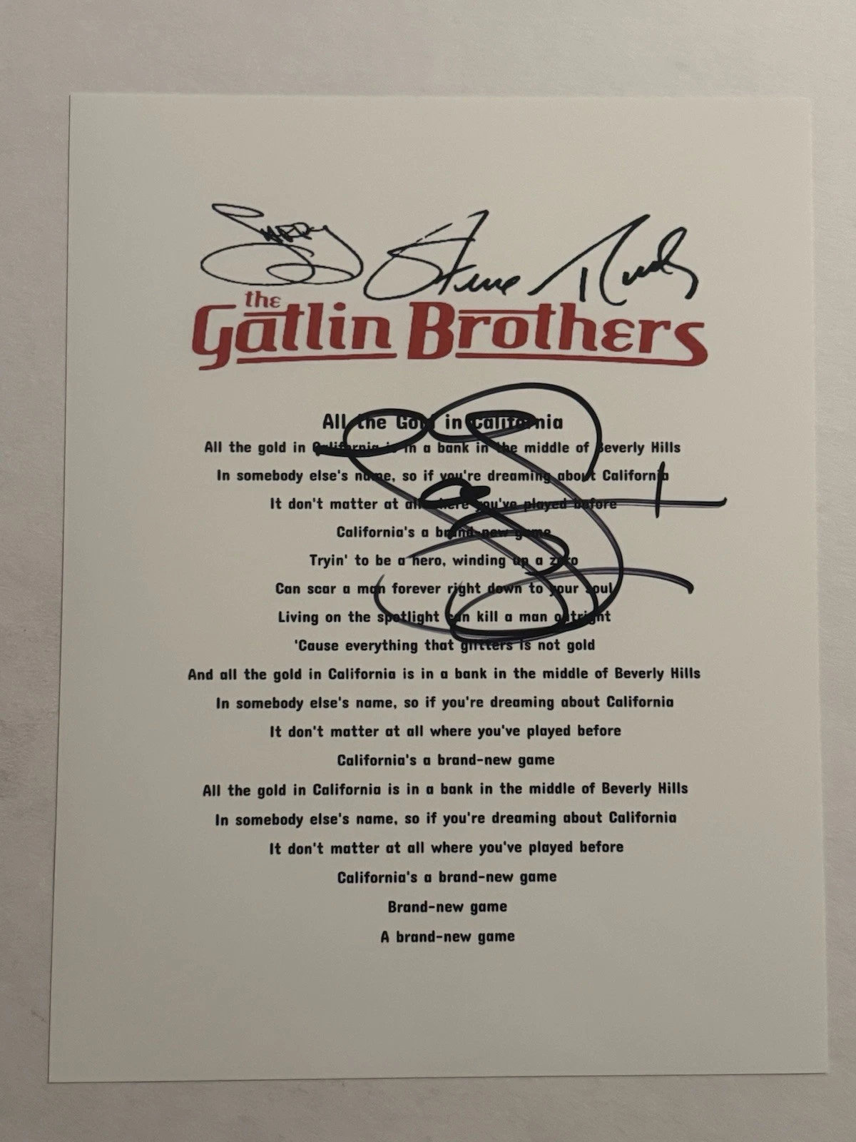 LARRY GATLIN SIGNED LYRIC SHEET AUTOGRAPHED GATLIN BROTHERS BAND LEAD SINGER COA