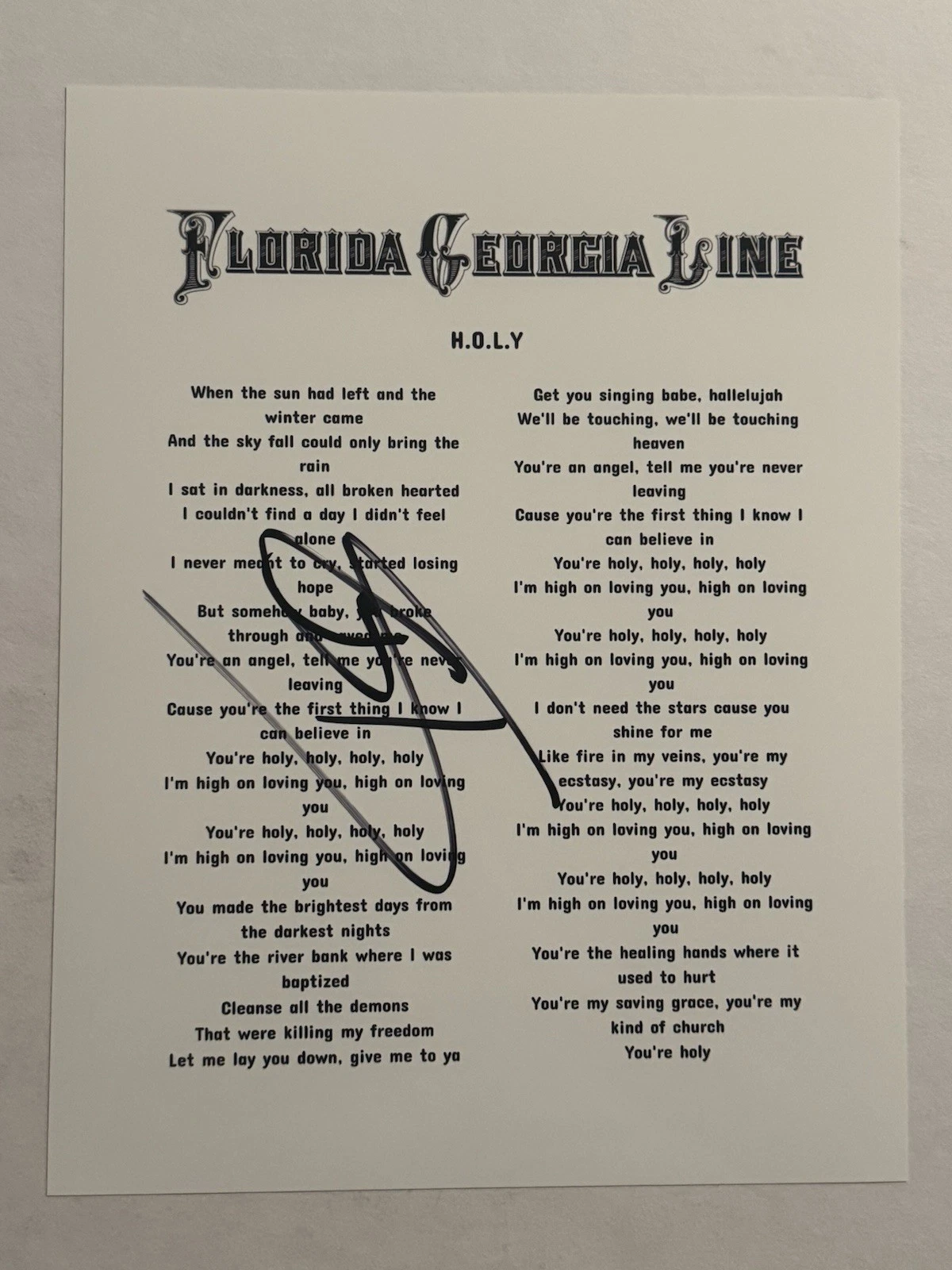 BRIAN KELLEY SIGNED LYRIC SHEET AUTOGRAPHED FLORIDA GEORGIA LINE STAR RARE COA